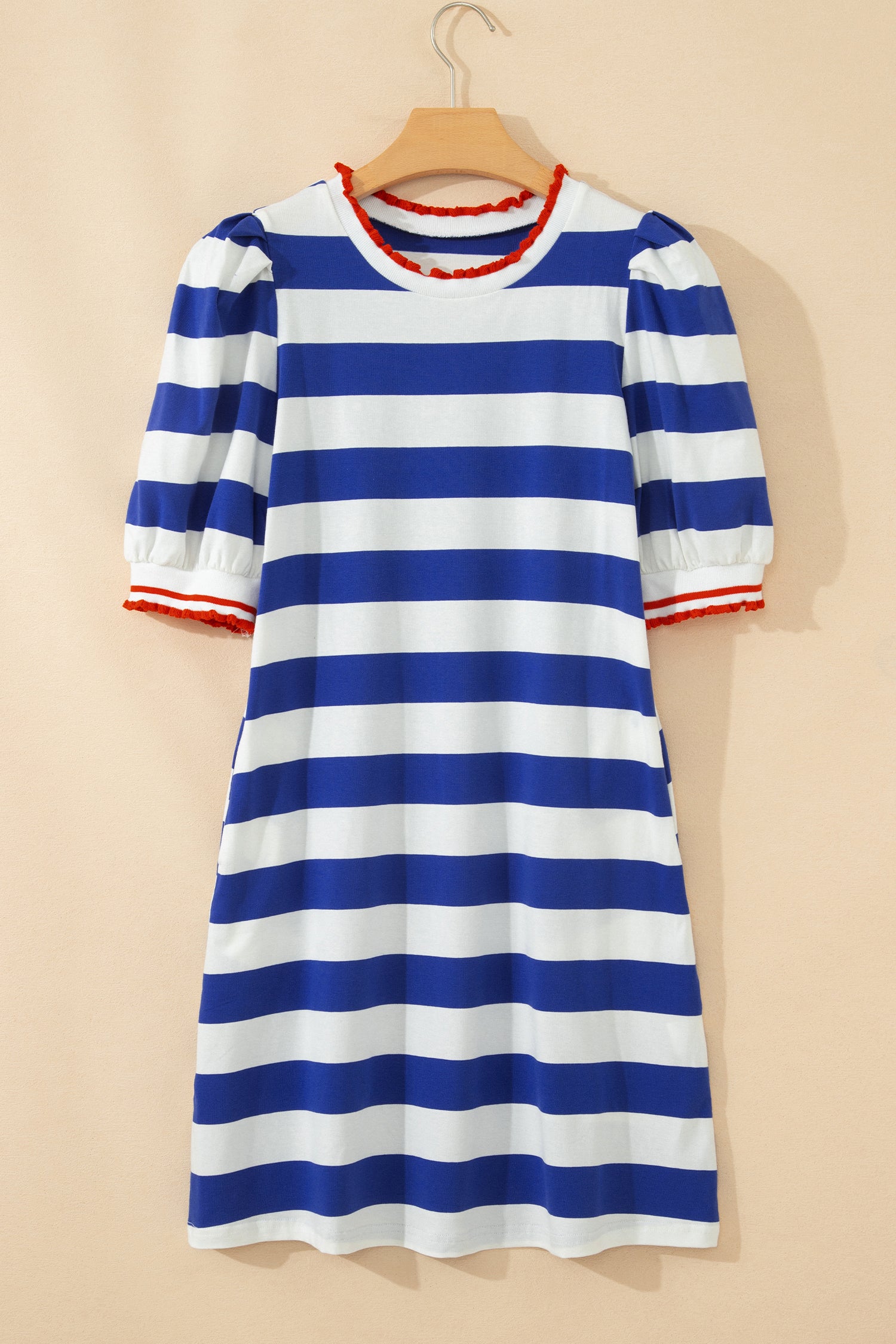 Stripe Contrast Trim Round Neck Short Puff Sleeve Shift Mini Dress — everyday dress for women | J&H Apparel