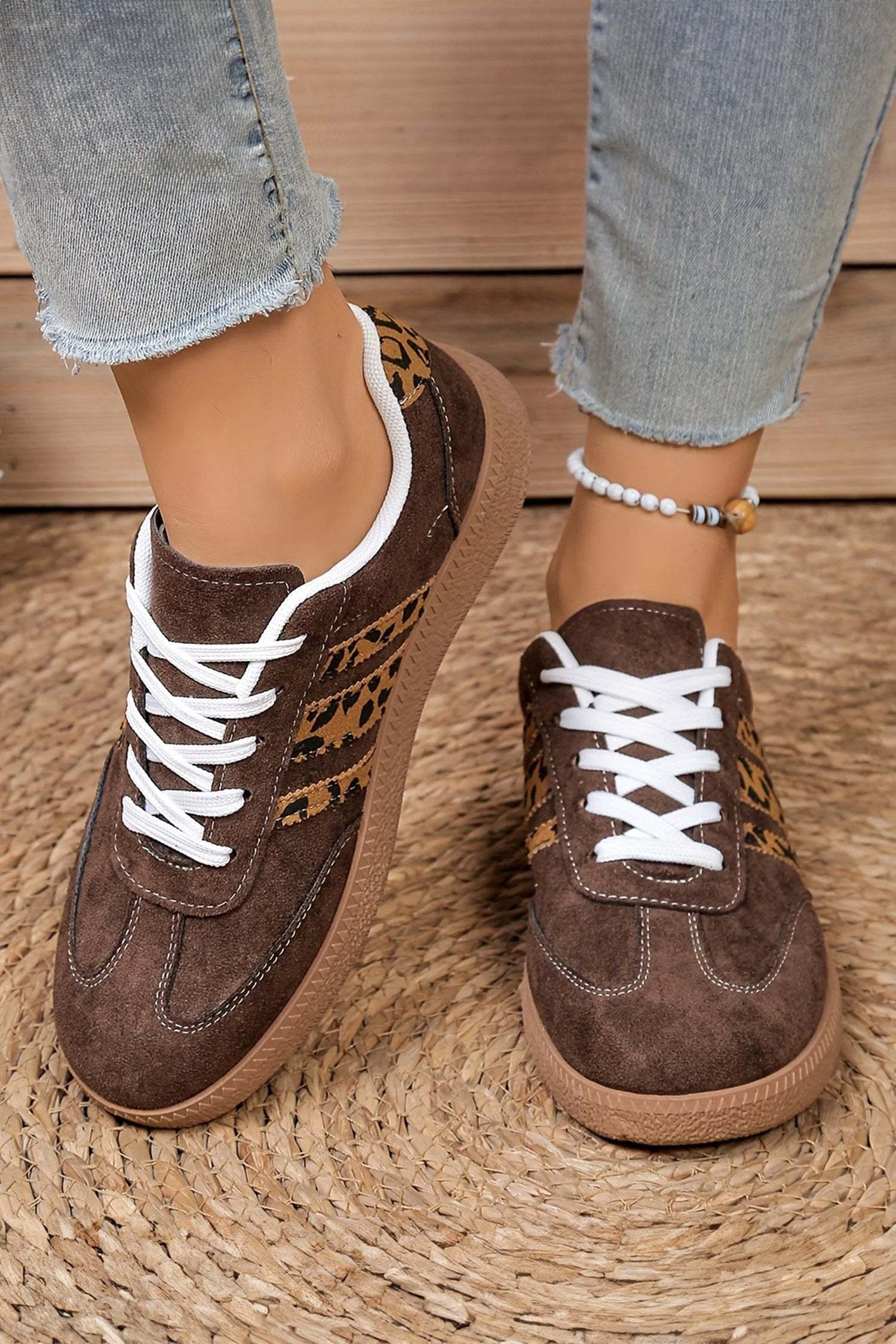coffee contrast lace-up leopard patchwork detail faux suede shoes for women casual everyday outfit