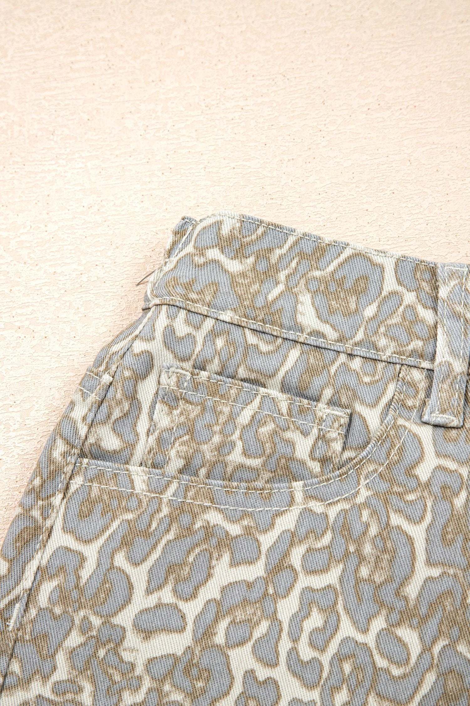 Dear-Lover Dropshipping Khaki Raw Edge Leopard Print Denim Shorts - Denim Shorts Bottoms/Denim Shorts