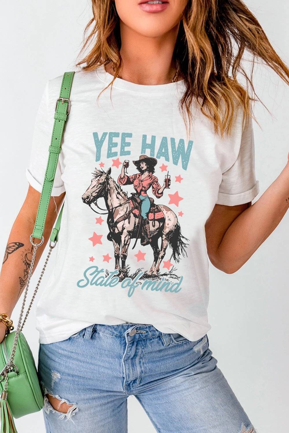 white yee haw state of mind cowgirl graphic western fashion tee for women casual everyday outfit