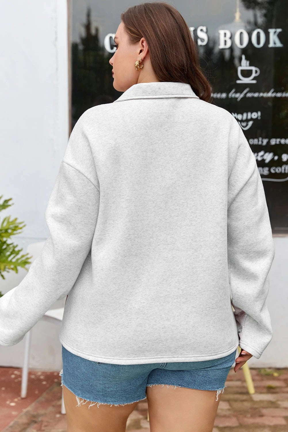 gray camo leaves patchwork zipped collar pullover plus size sweatshirt for women casual everyday outfit