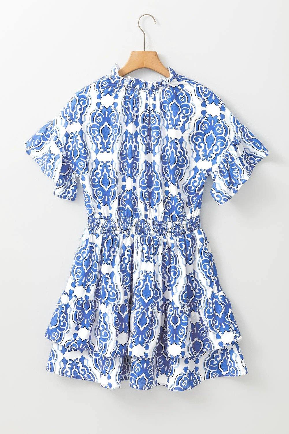 Denim blue vintage floral print wide ruffled sleeve dress for women casual everyday outfit