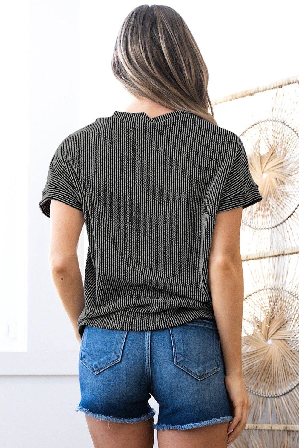 Pink corded knit Colorblock pocketed crew neck t shirt for women casual everyday outfit