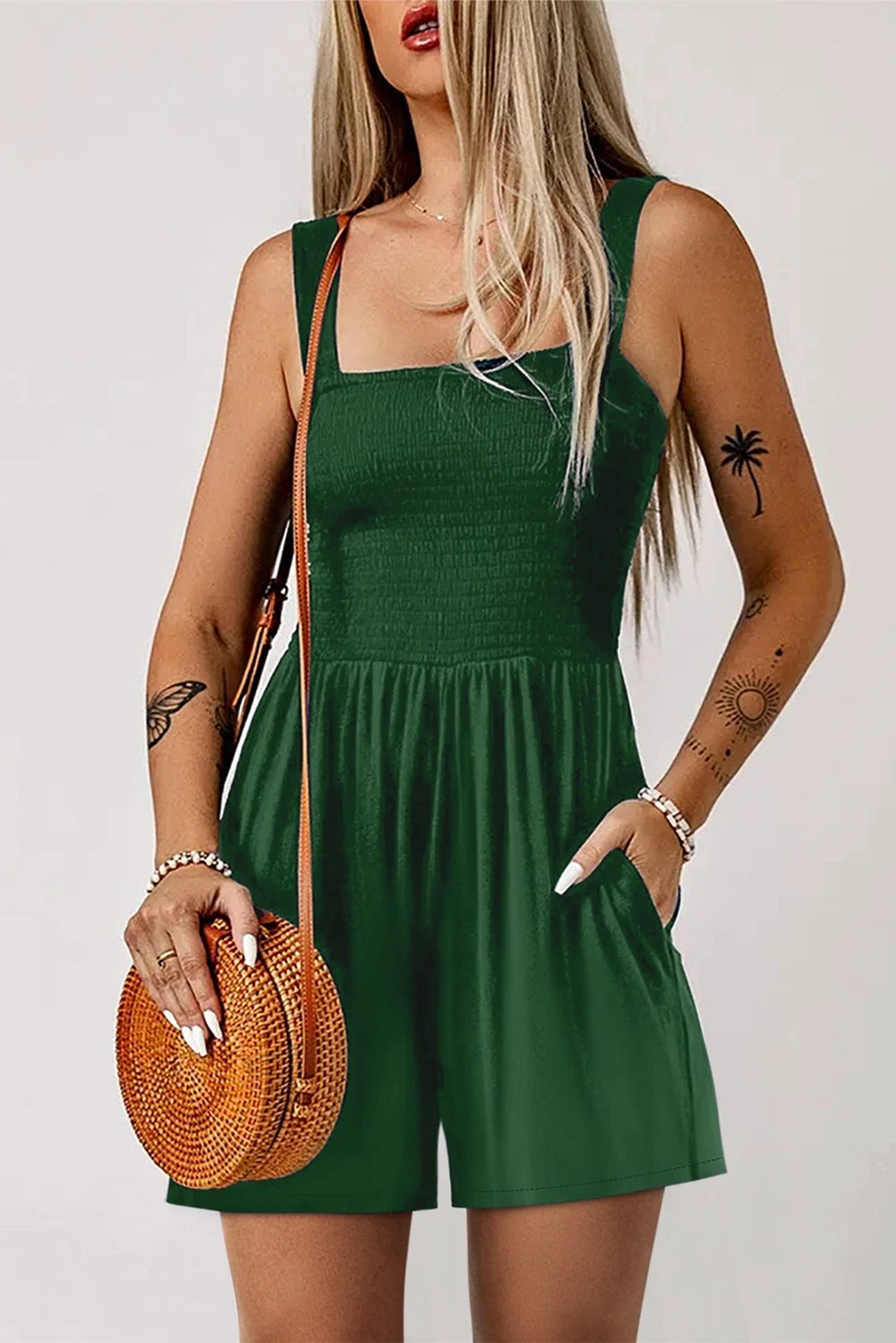 green casual pocketed smocked sleeveless romper for women casual everyday outfit