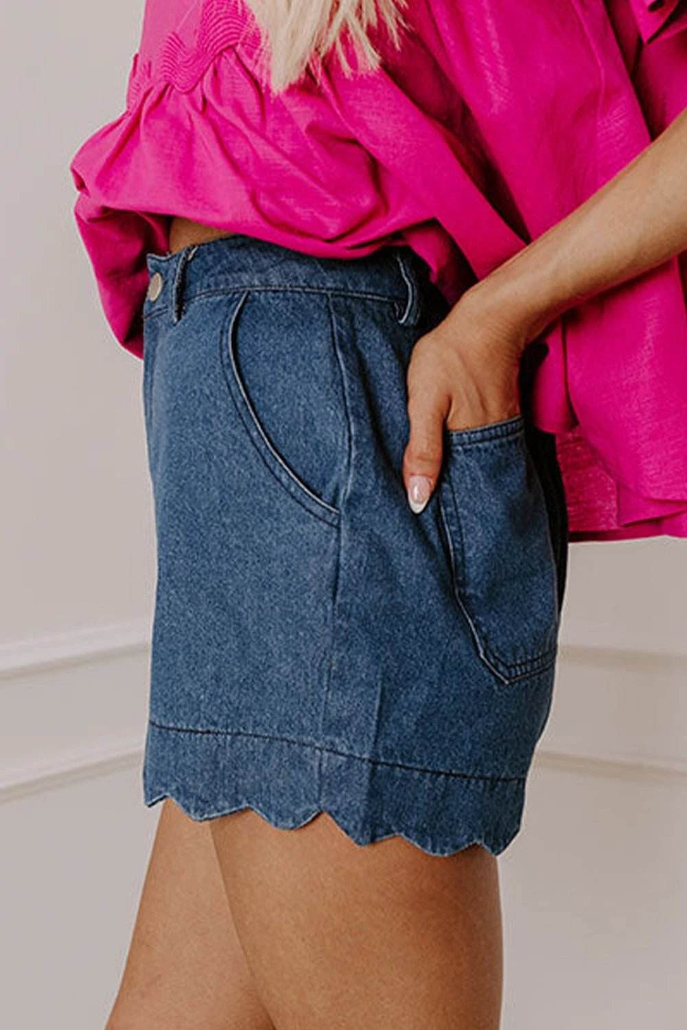 white scalloped hemline acid wash high waist denim shorts for women casual everyday outfit