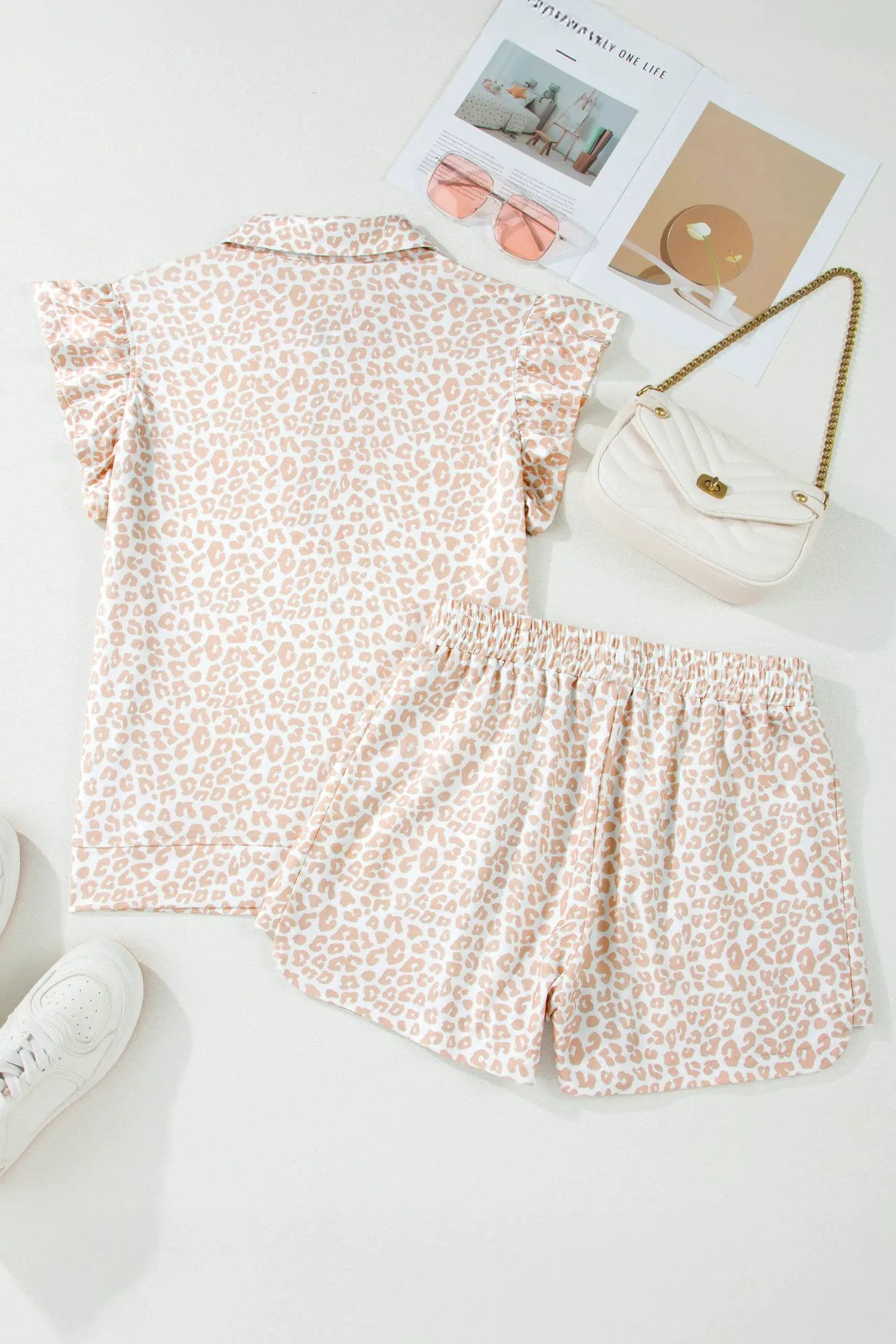 beige leopard zip polo top 2pcs short set for women casual everyday outfit