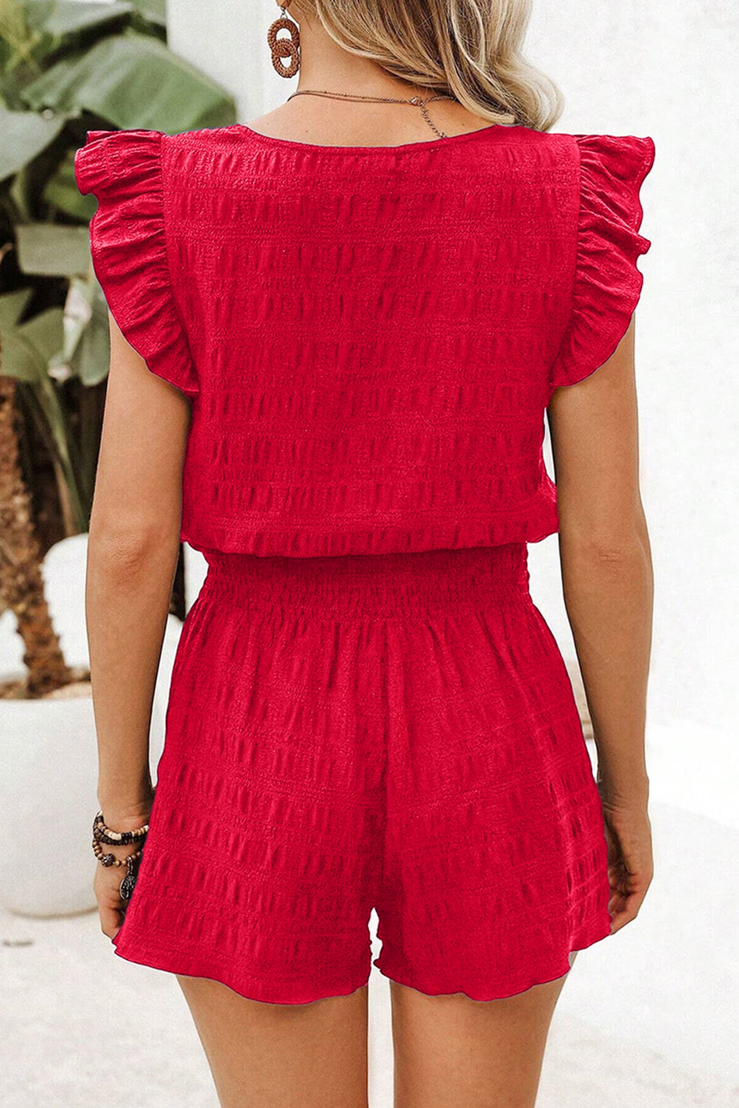 Dark Green Textured Square Neck Top and Shirred High Waist Shorts Set