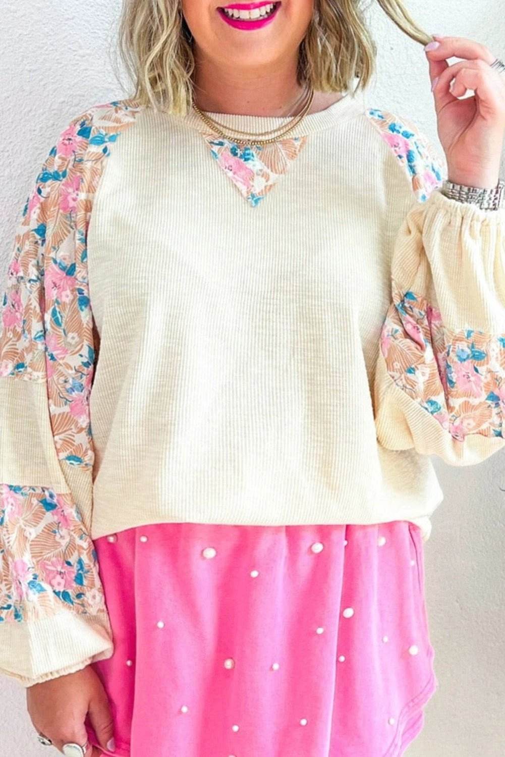 apricot plus size floral patchwork ribbed puff sleeve top for women casual everyday outfit