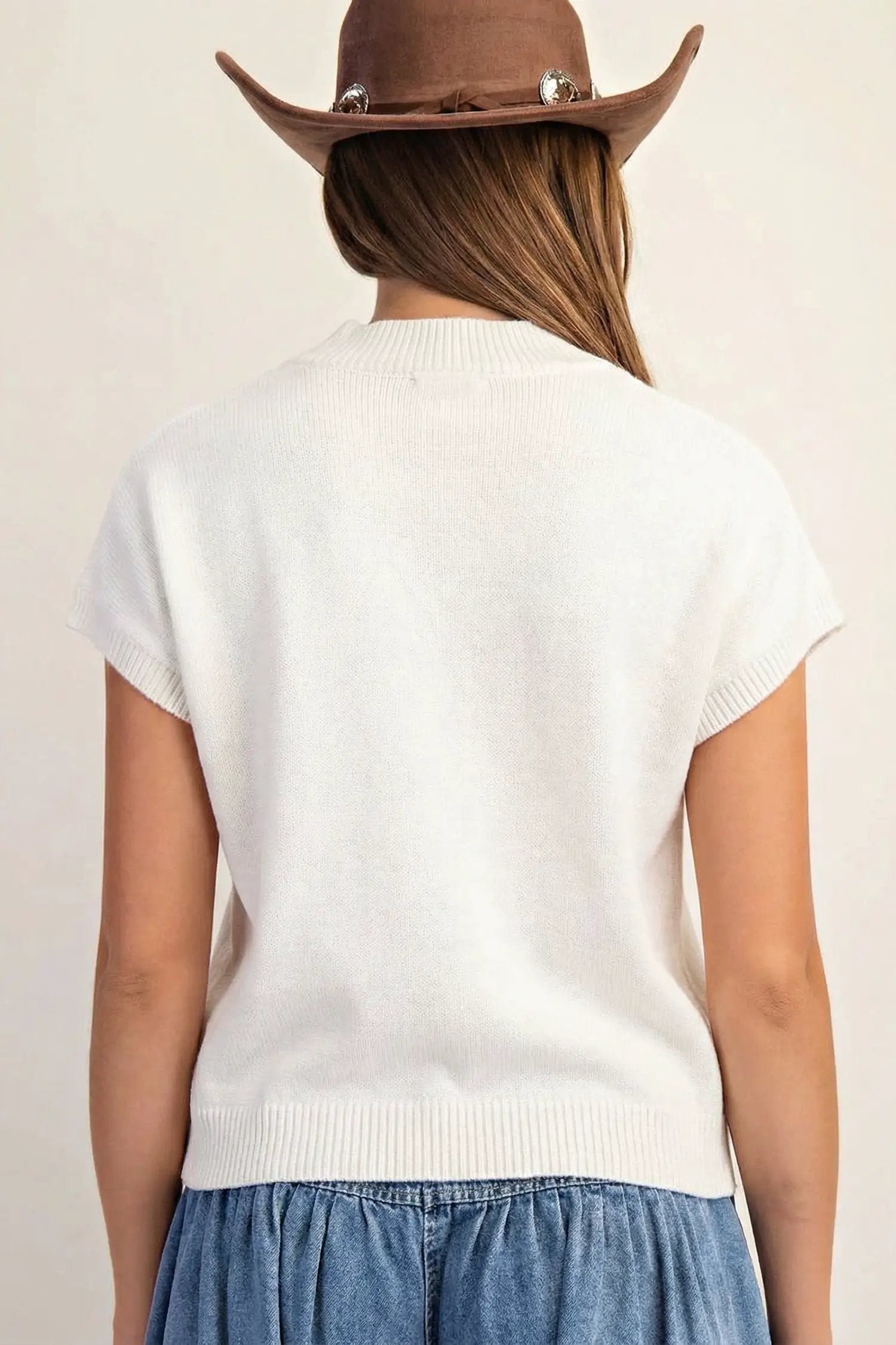 Bright green western horseshoes ribbed mock neck short sleeve knit sweater with pink embroidery