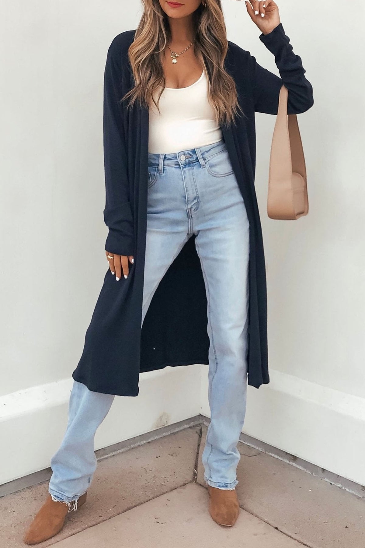 Parchment Solid Color Long Sleeve Casual Tunic Shift Cardigan