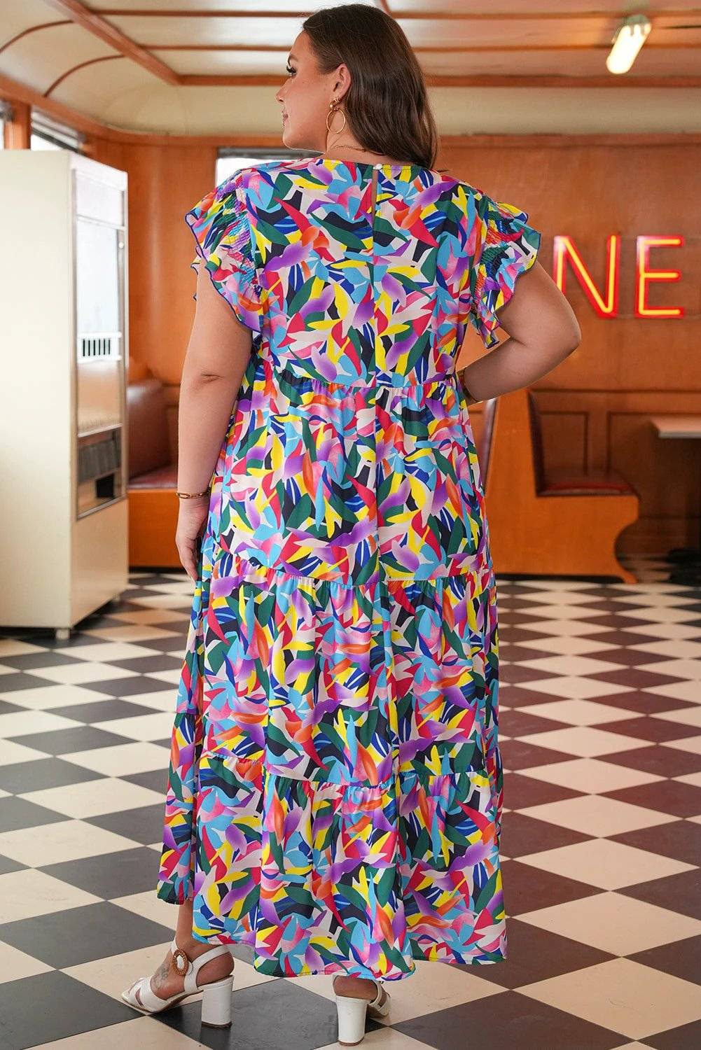 Plus size Main Character Energy geometric print ruffled short sleeve tiered maxi dress