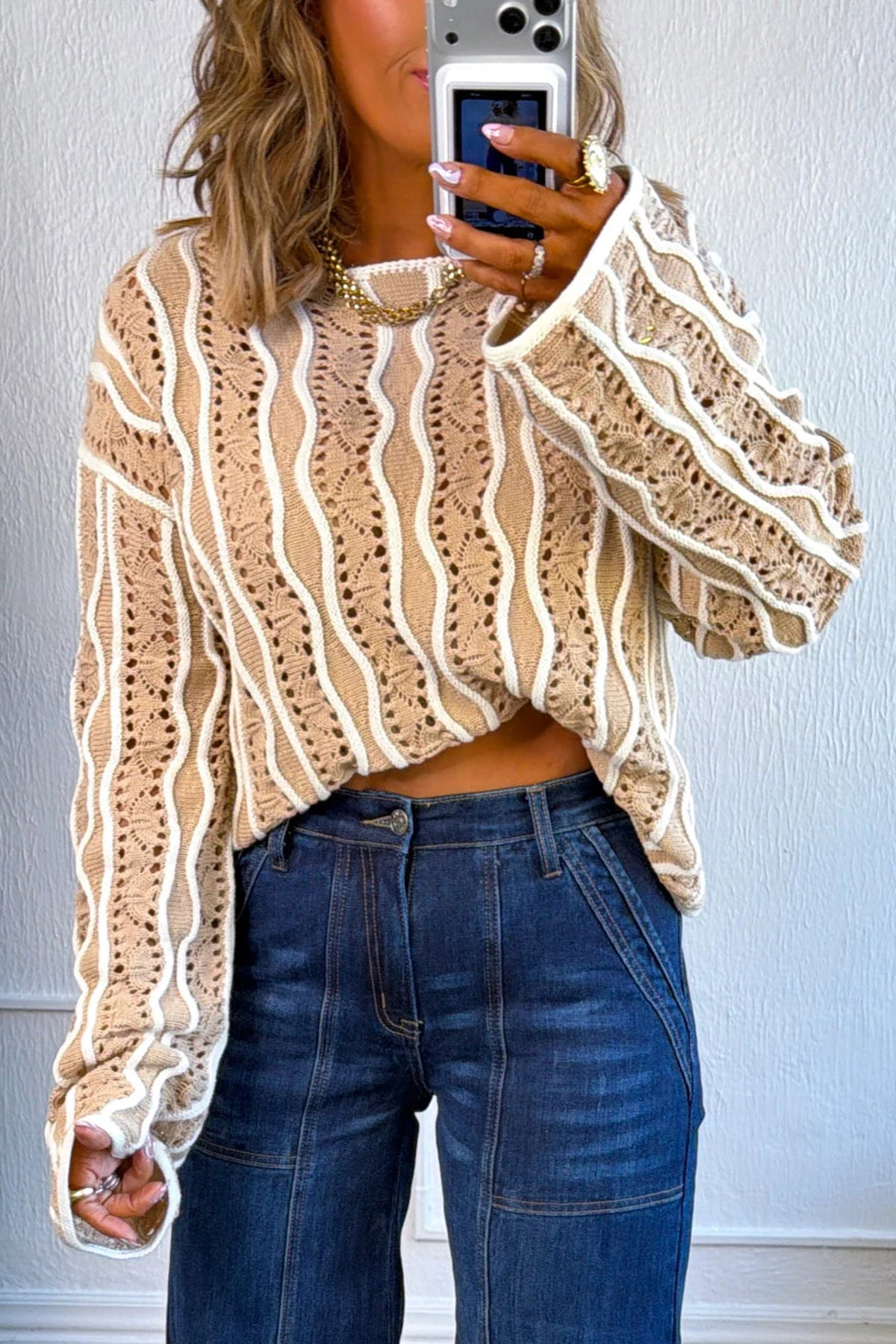 Wavy Detail Hollow Out Knit Long Sleeve Cotton Pullover Sweater