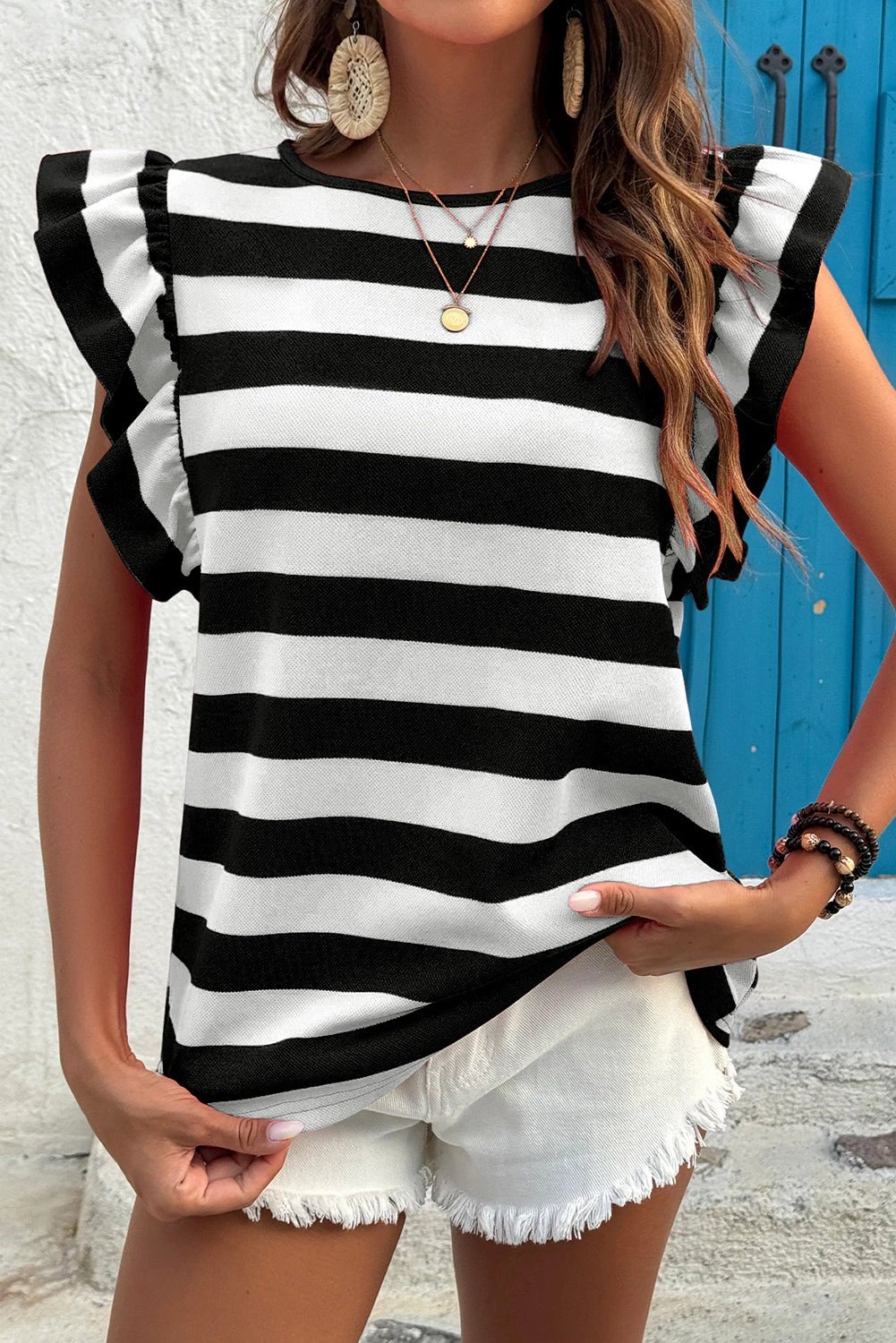 black stripe flutter sleeve round neck t shirt for women casual everyday outfit
