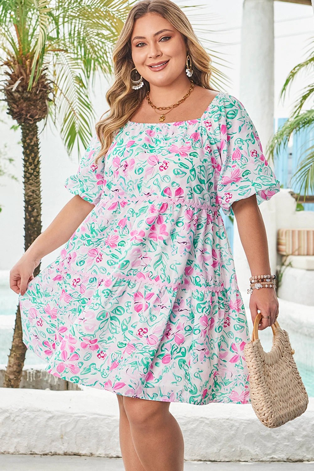 Plus size white floral print mini dress with square neckline and ricrac trim