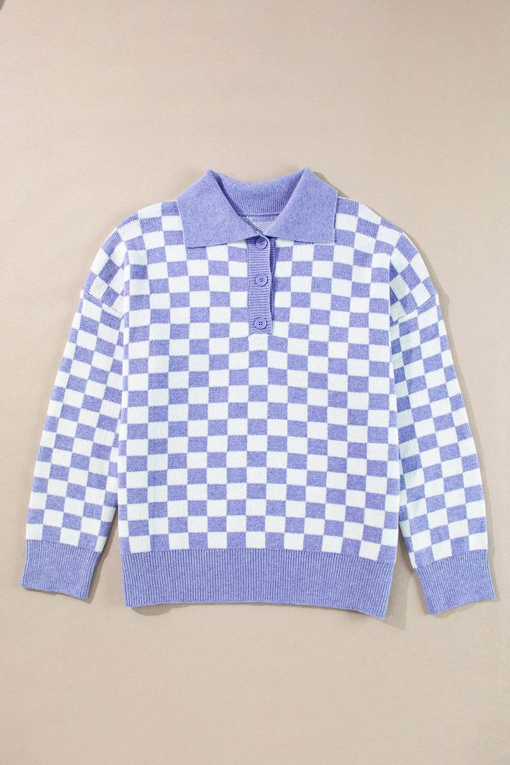 Plus size checkered purple collared button-front sweater with relaxed fit and ribbed cuffs
