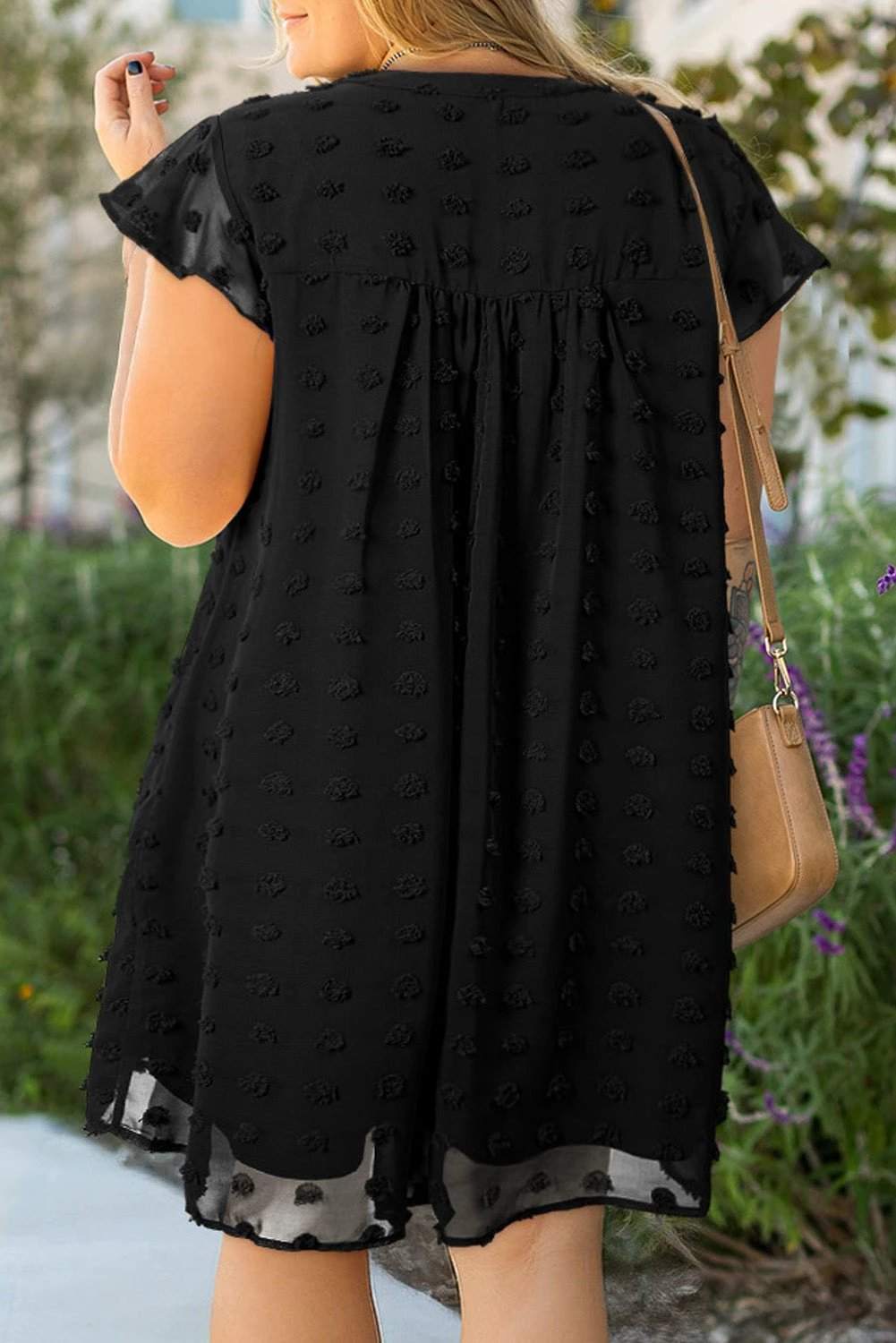 black dotty textured notched neck plus ruffled dress for women casual everyday outfit