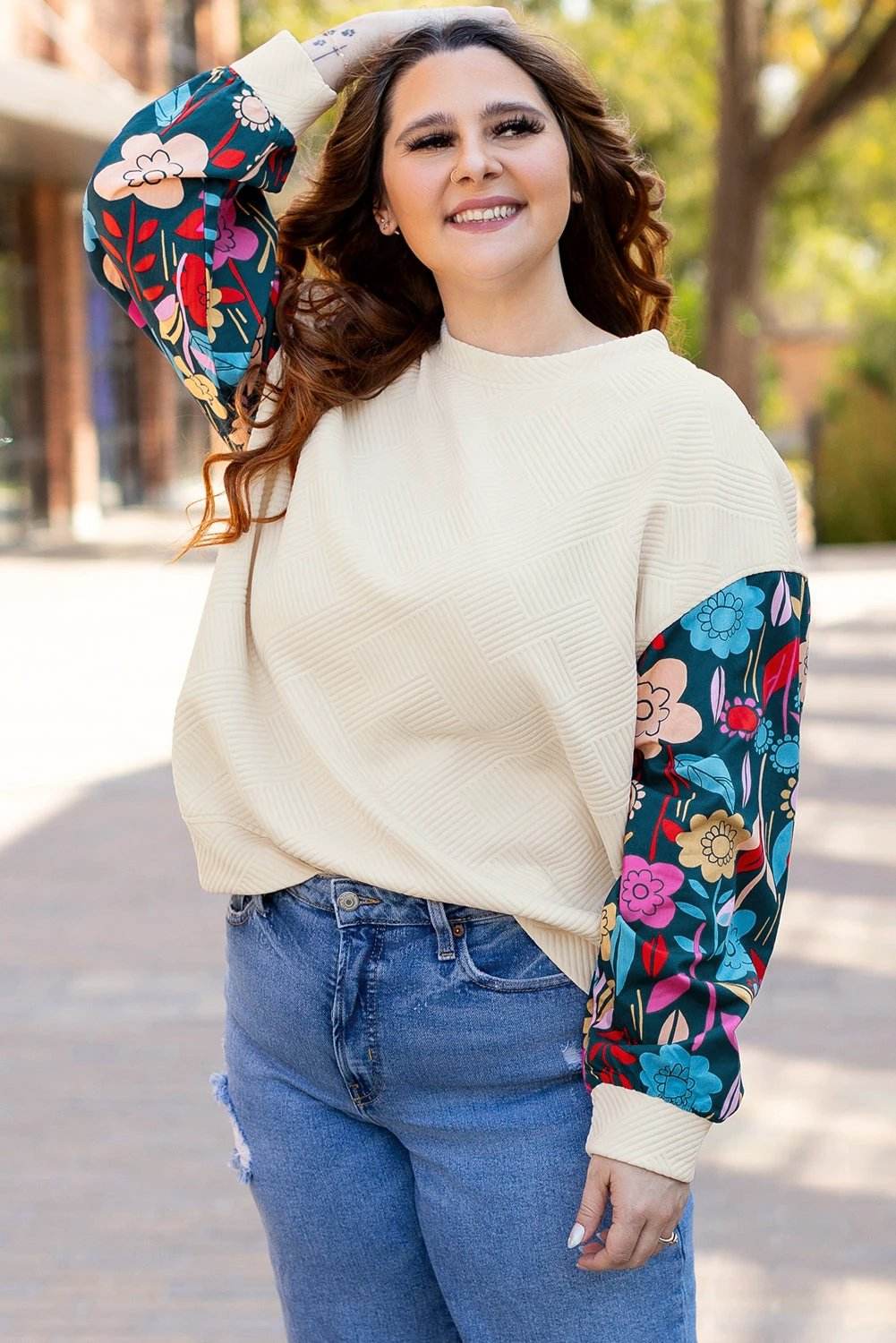 Dear-Lover Dropshipping White Floral Patchwork Sleeve Textured Plus Size Pullover Top - Plus Size/Plus Size Tops/Plus Size Long Sleeve Tops