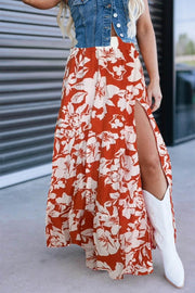 Flowy floral Western cowgirl maxi skirt with high split and bold red-and-ivory print for Main Character Energy style