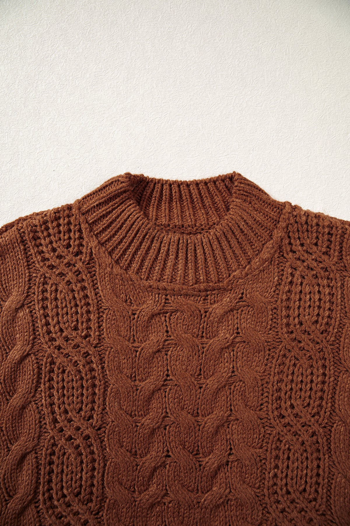 Coffee Solid Color Cable Knit High Neck Loose Pullover Sweater