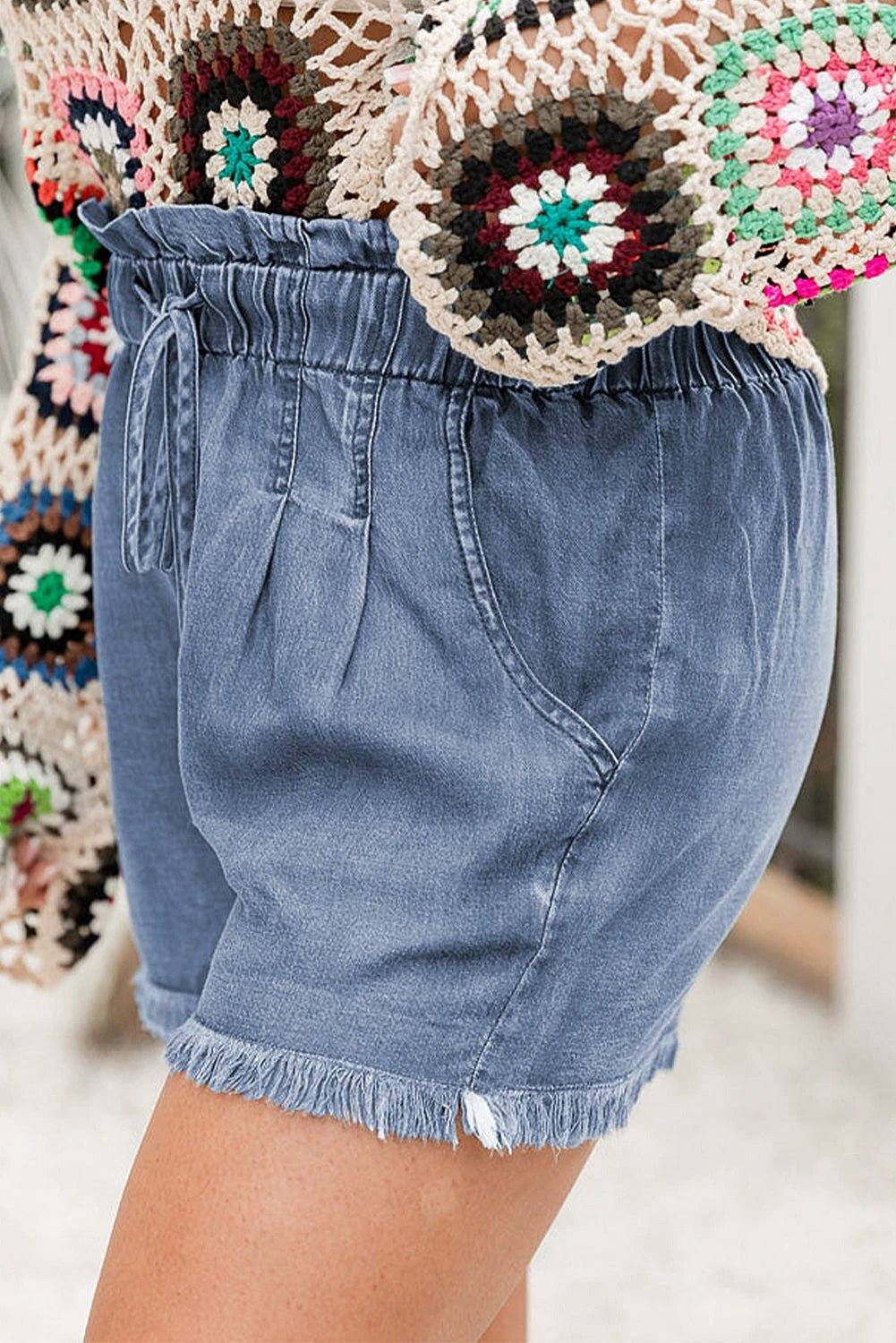 dusk blue raw hem lace-up high waist plus size denim shorts for women casual everyday outfit