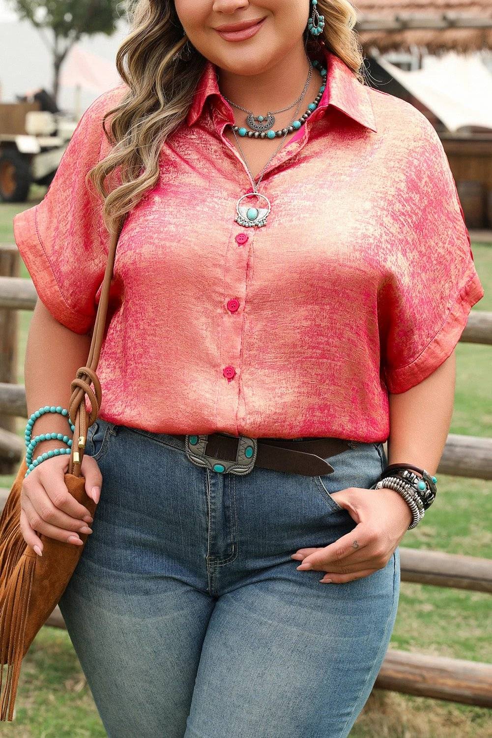 Plus size metallic sheen short sleeve button up shirt in soft pink satin fabric