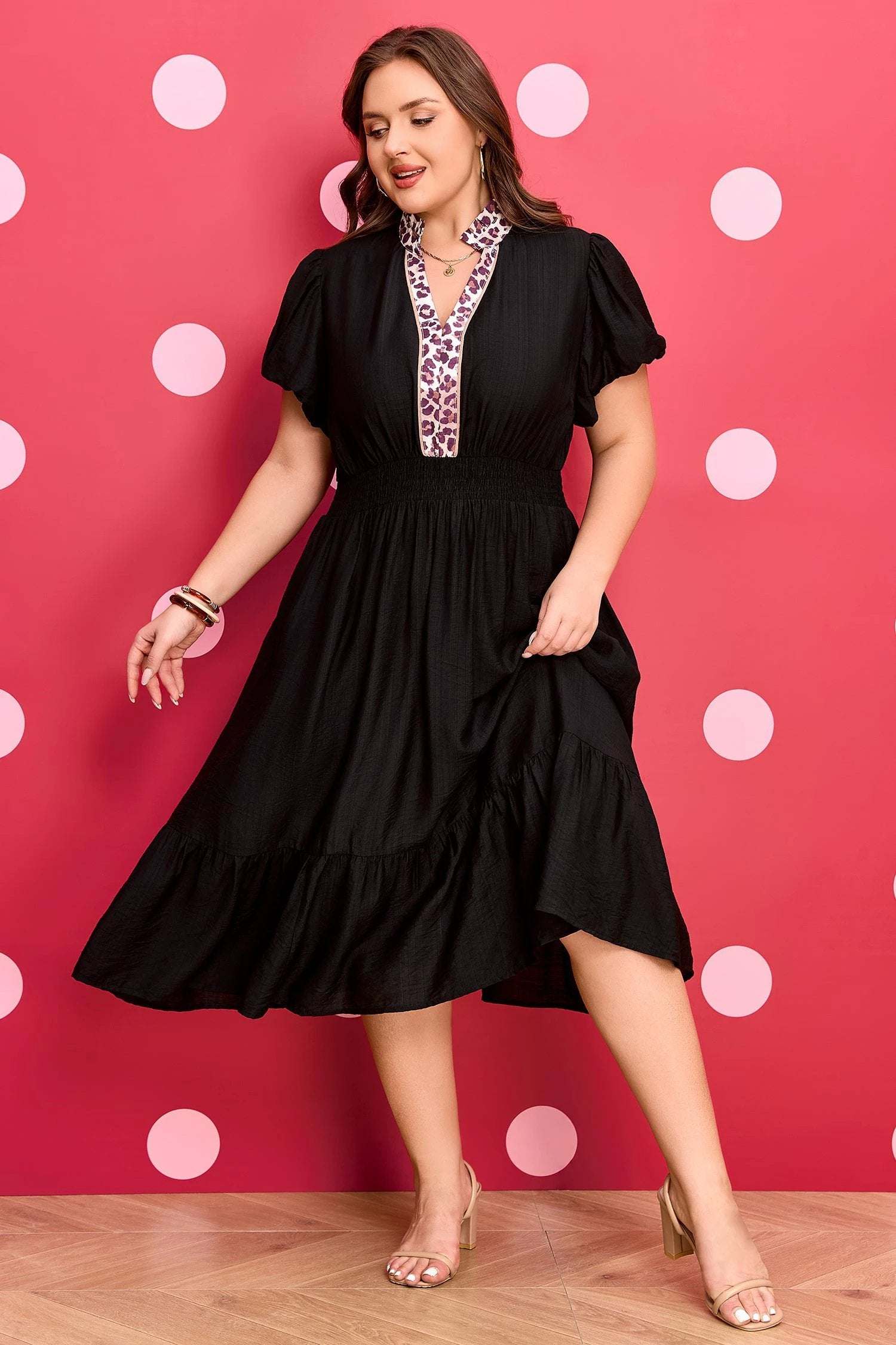Plus size patchwork smocked waist dress with leopard accent and ruffled hem