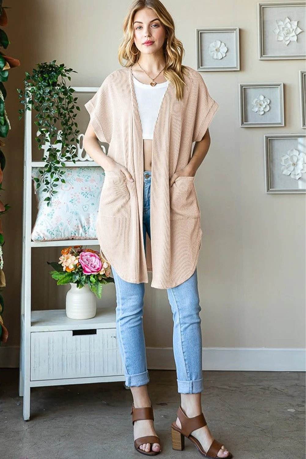 parchment ribbed pocketed short sleeve open front top for women casual everyday outfit