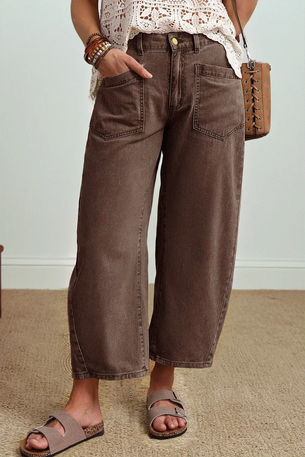 Barrel Jeans coffee brown ankle-length denim with square patch pockets