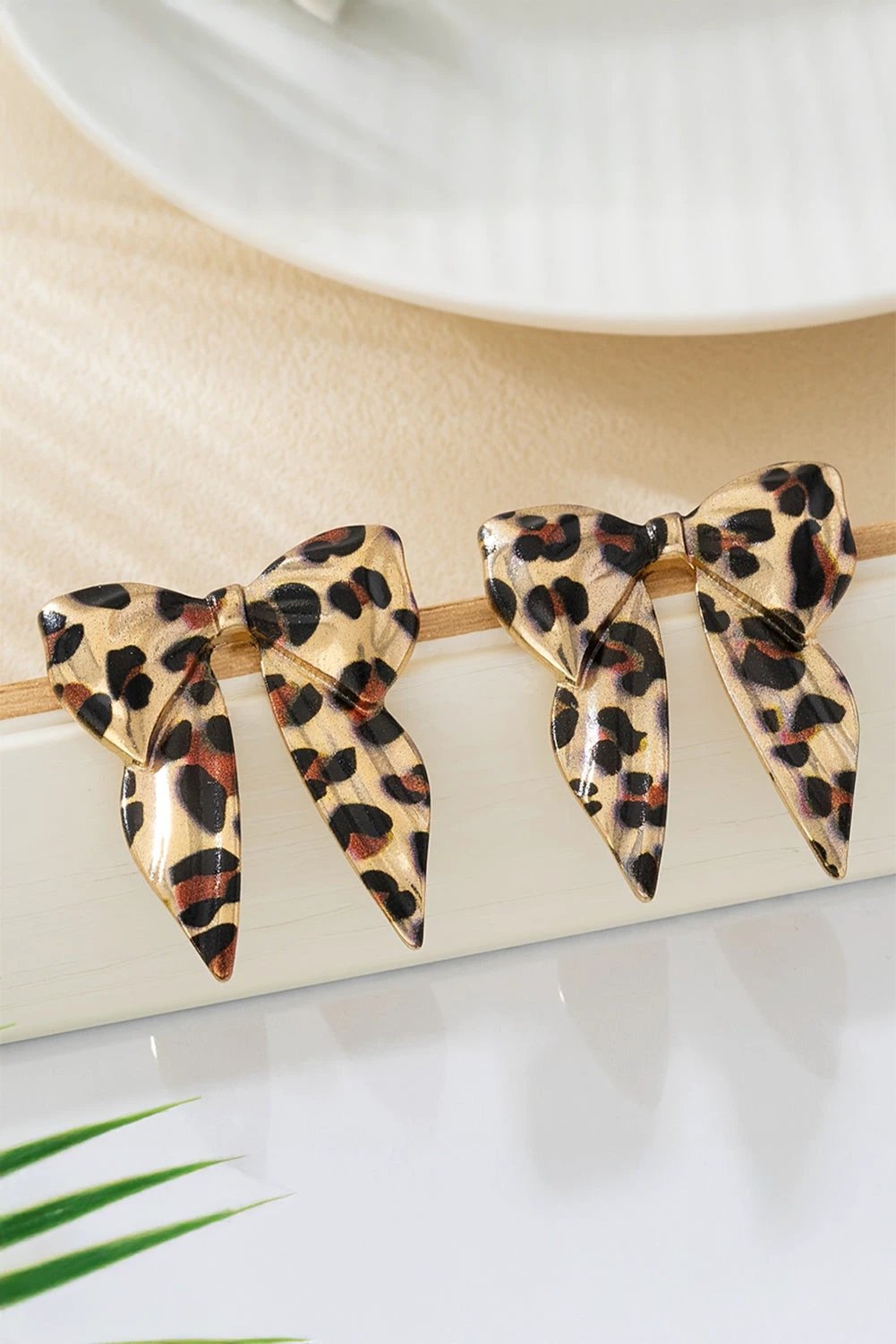 gold leopard print bow knot shape plated alloy earrings for women casual everyday outfit