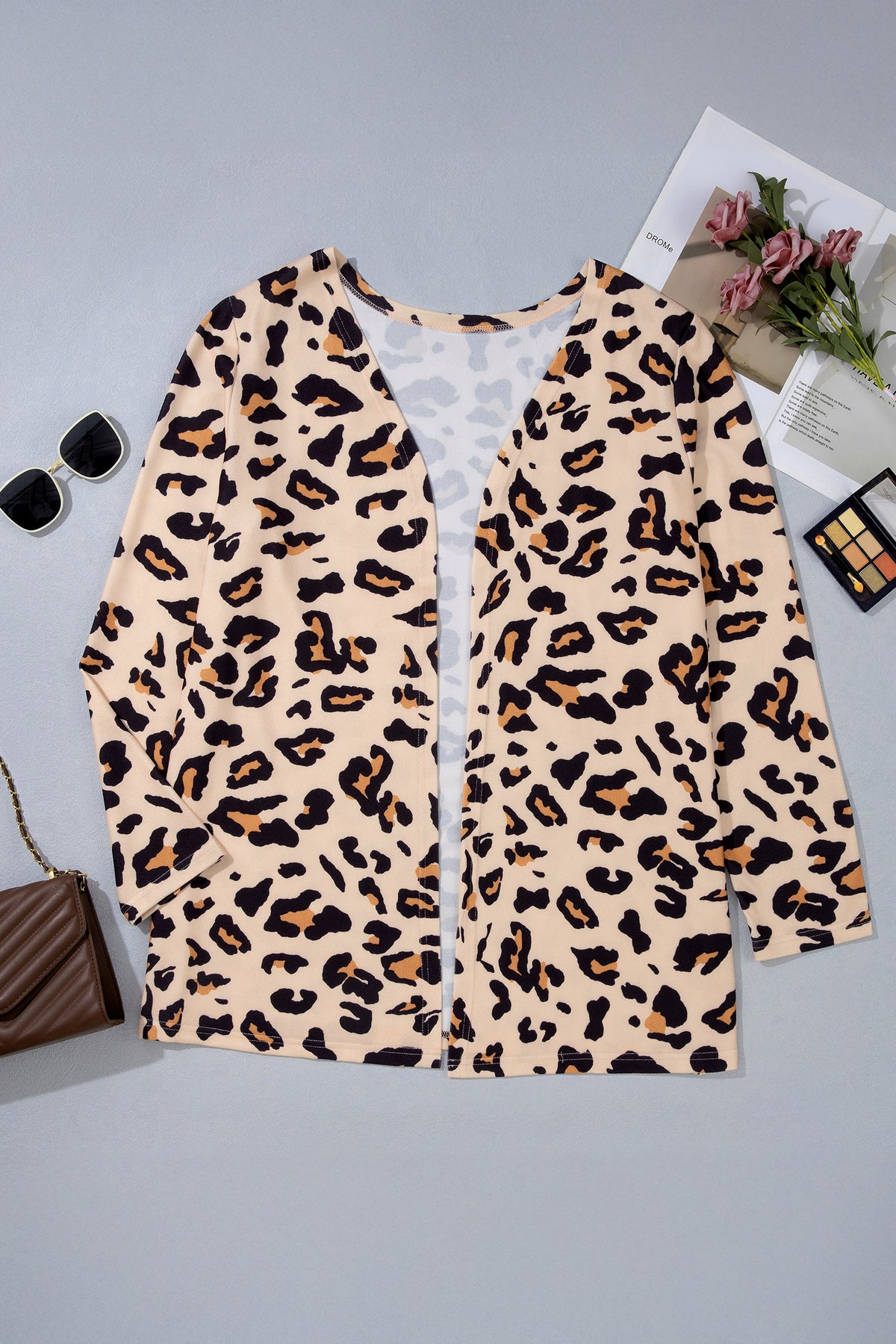 Plus Size Leopard Print Long Sleeve V-Neck Tunic Cardigan