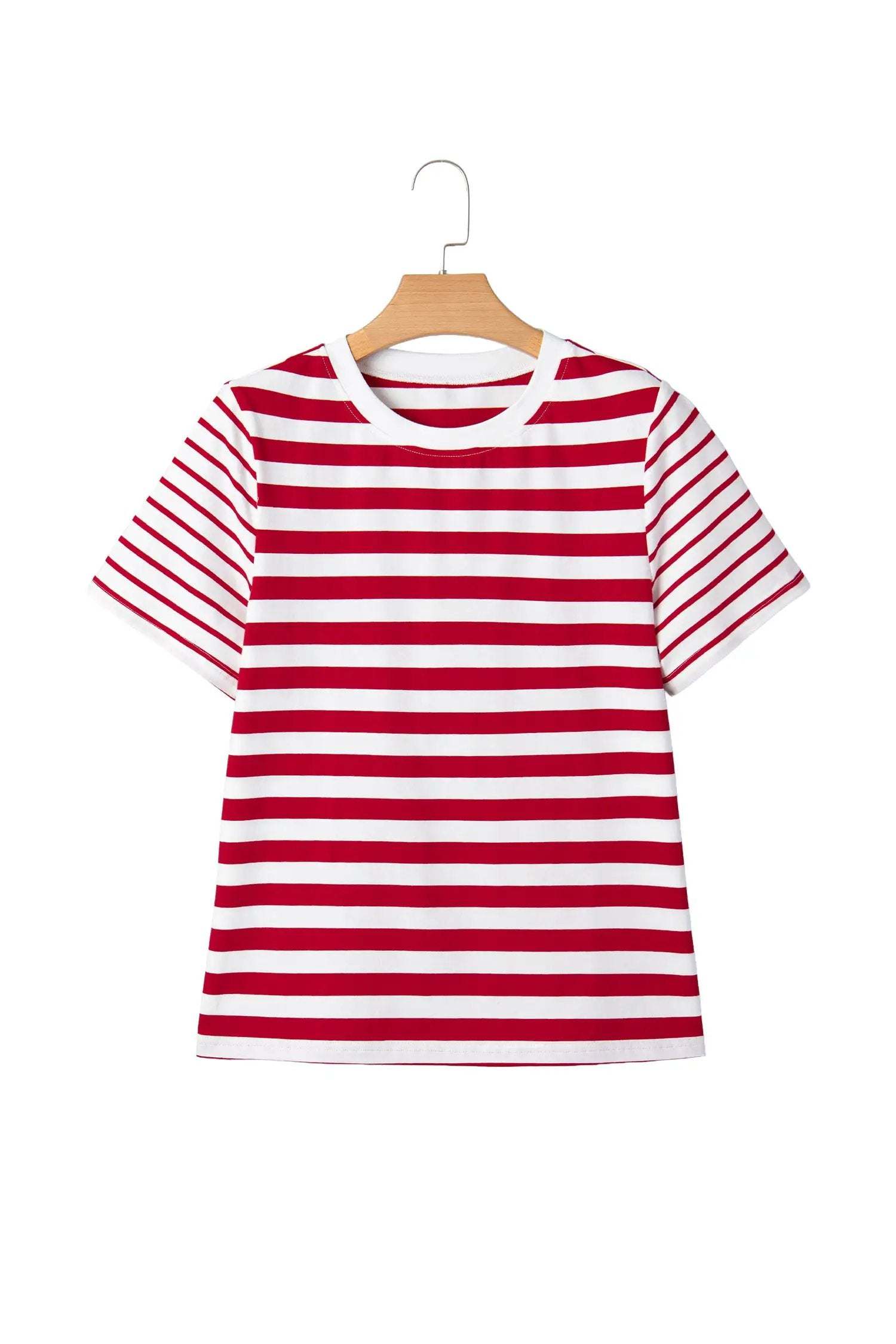 Woman wearing a colorblock stripe tee with a round neck, showcasing soft, breathable fabric and casual chic style
