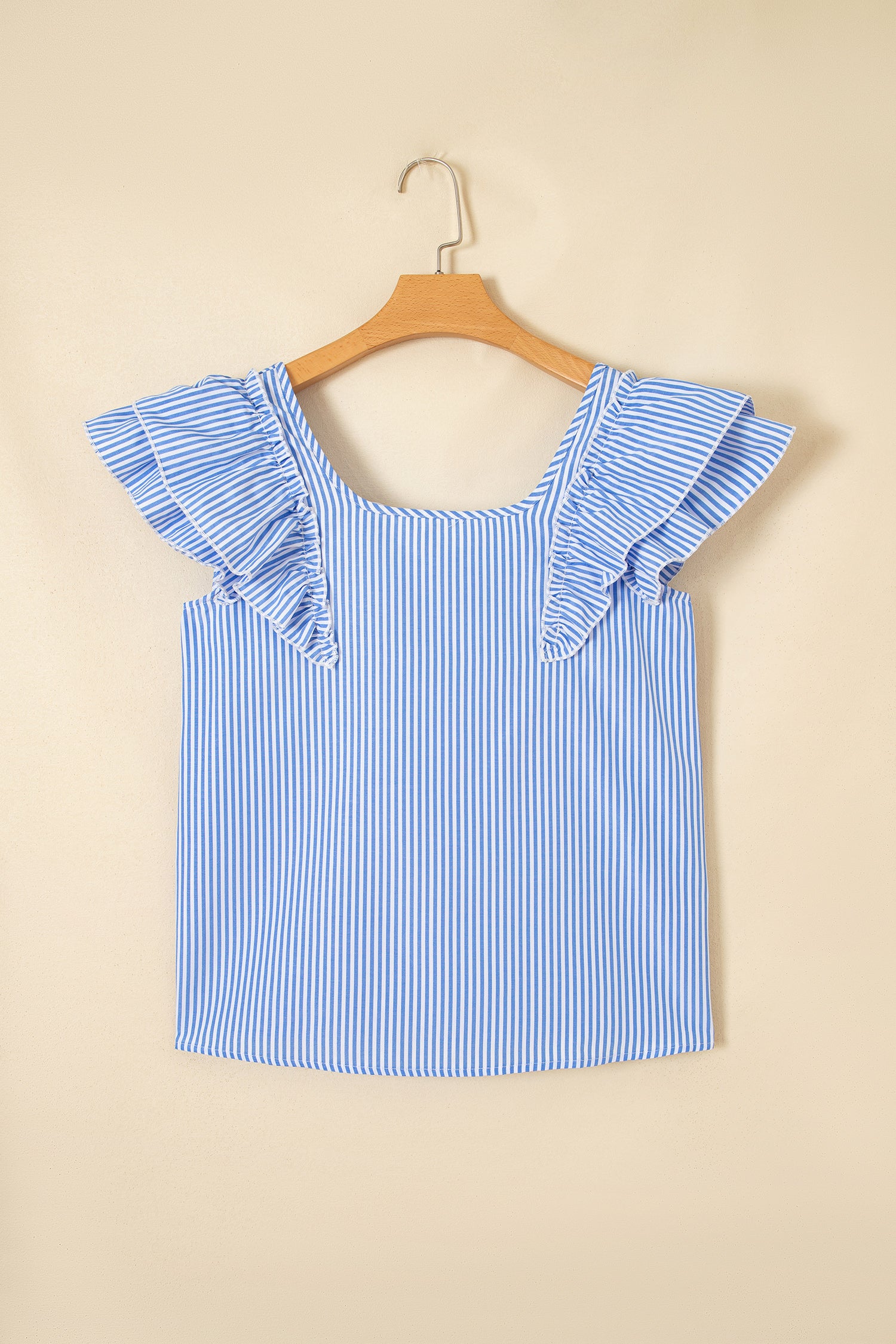 Stripe Square Neck Bow Decor Frilly Ruffled Short Sleeve Blouse