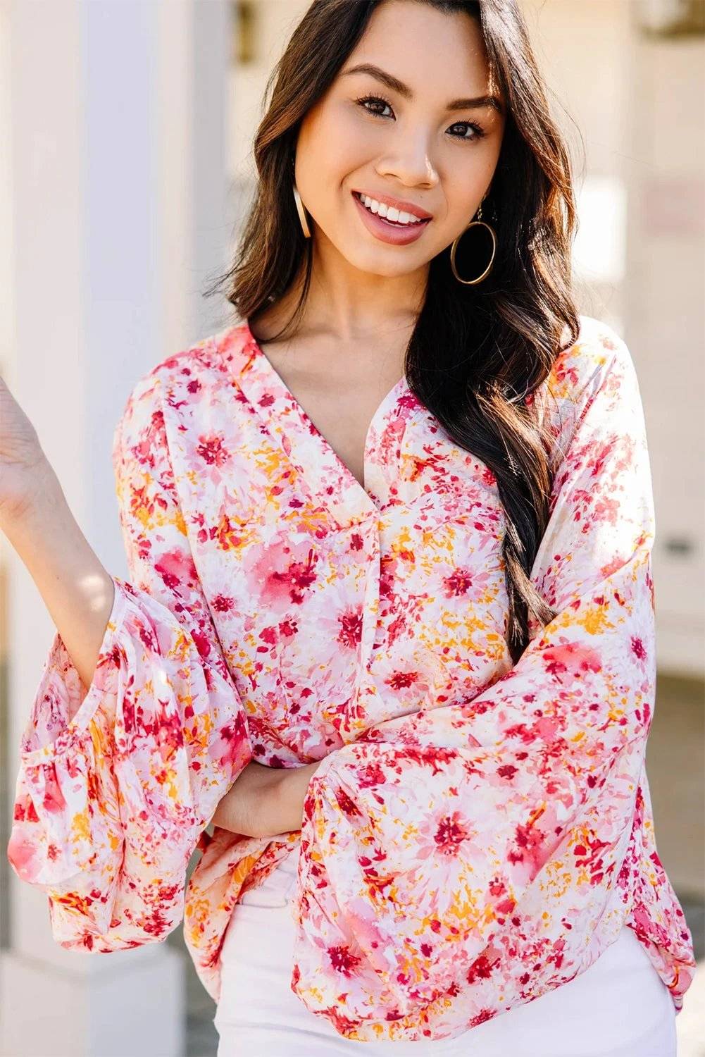 pink ditsy floral bubble sleeve v neck blouse for women casual everyday outfit