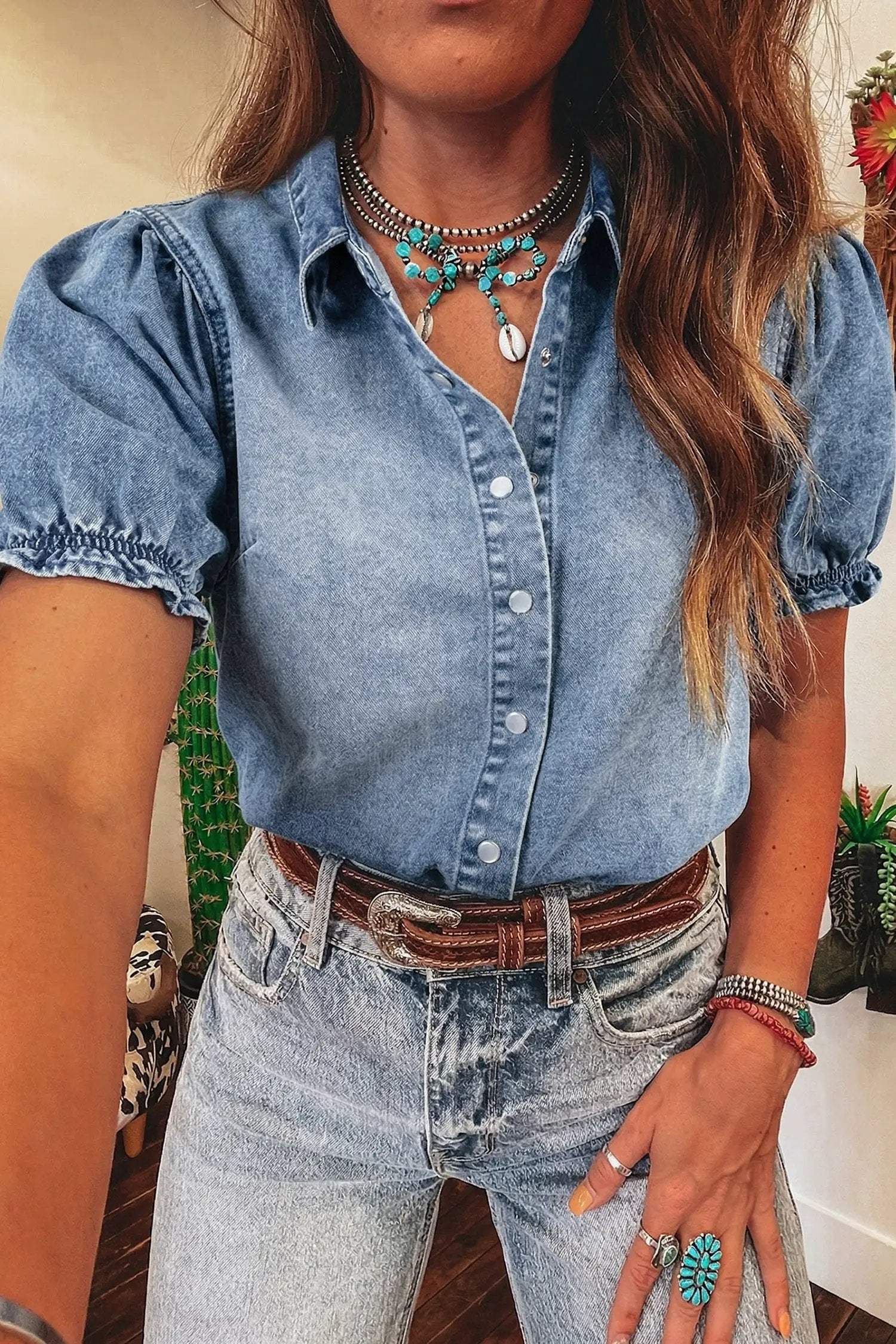 Blue denim Western Chic shirt with frilled short sleeves and snap buttons