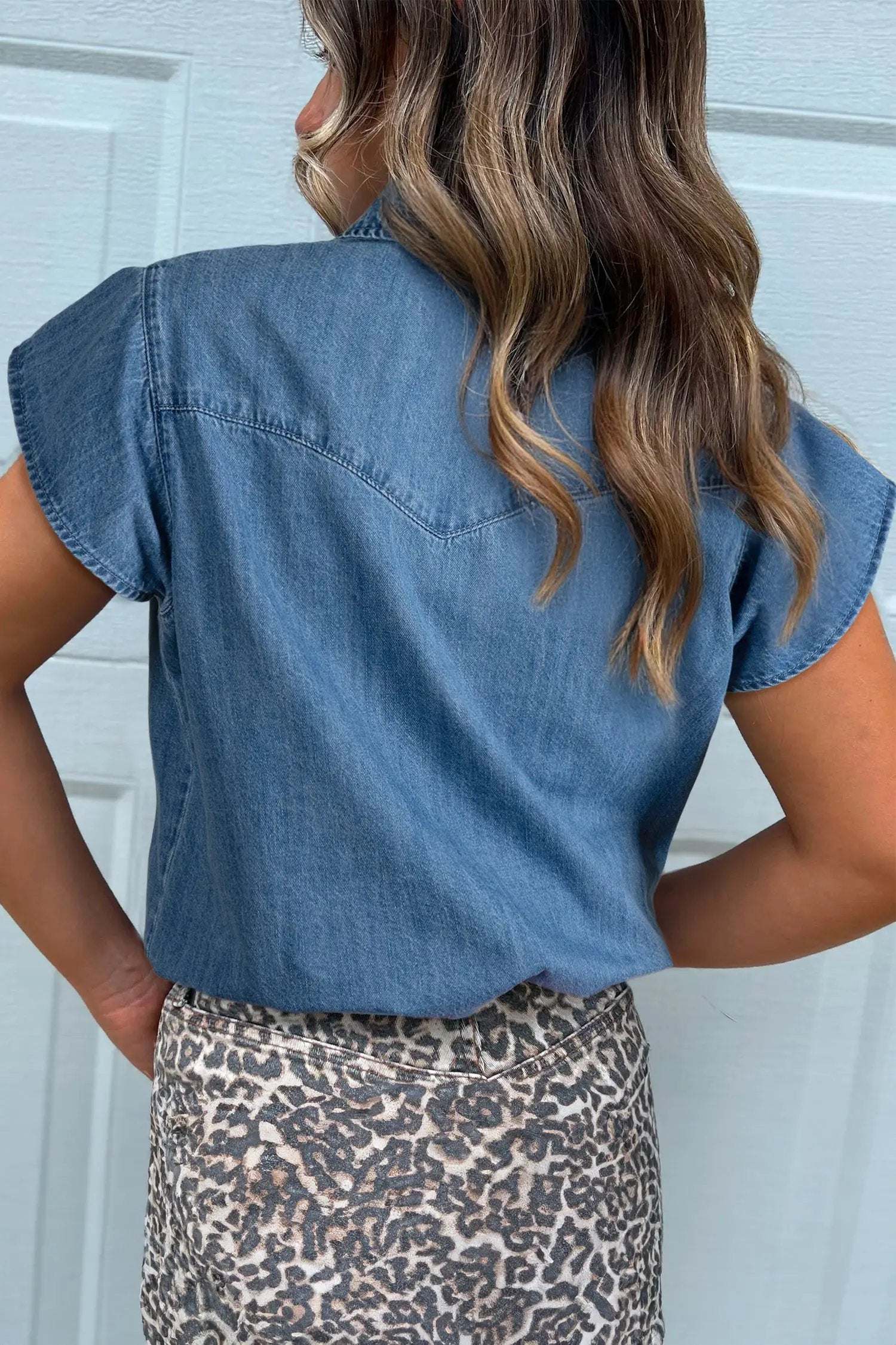 Denim ruffled short sleeve shirt with button front and flutter sleeves for Western mom vibe