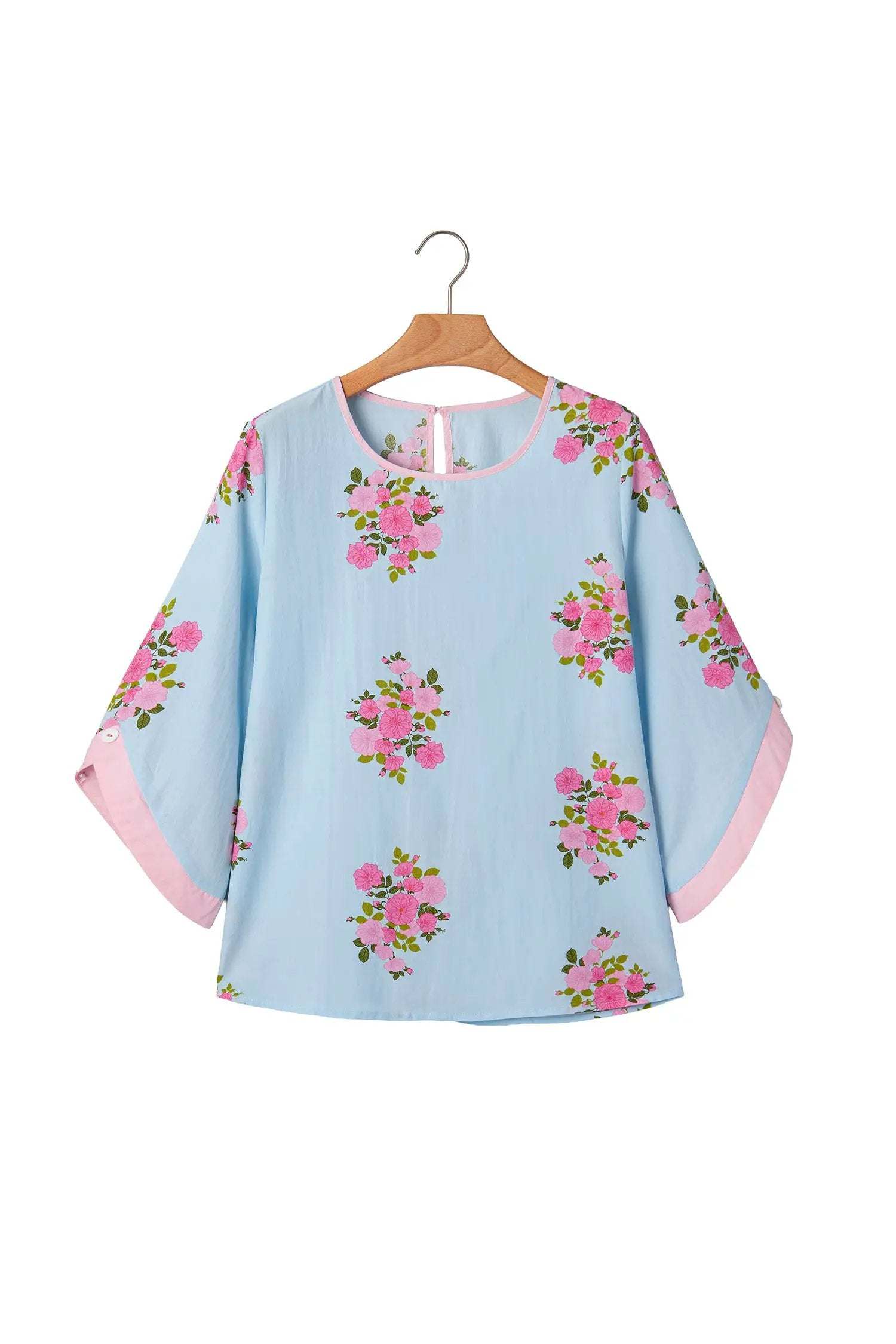 J&H Apparel Floral Print Button Cuffed 3/4 Sleeve Round Neck Blouse - Blouses Tops/Blouses & Shirts