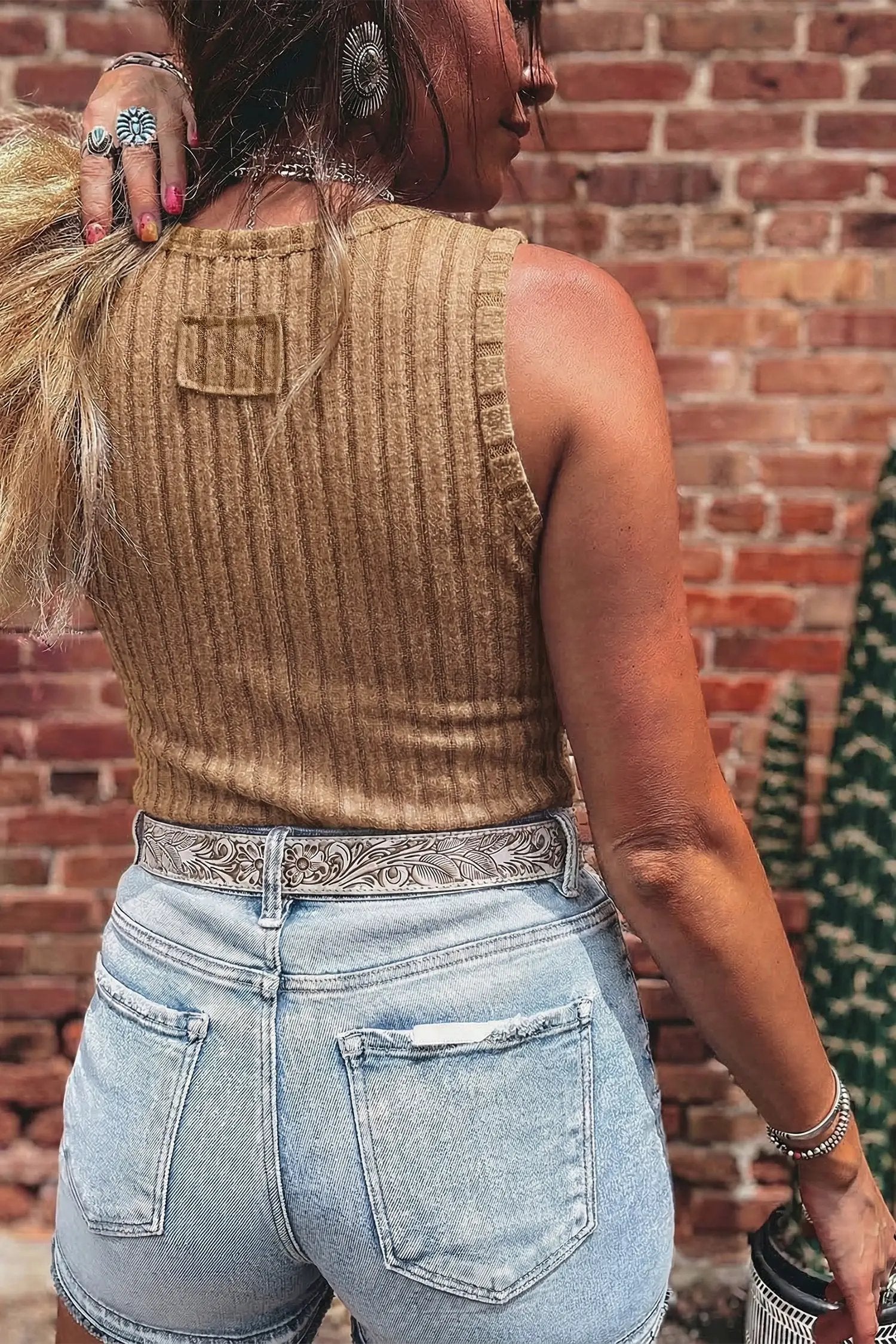 Purple slim ribbed mineral wash tank top styled with denim for everyday chic