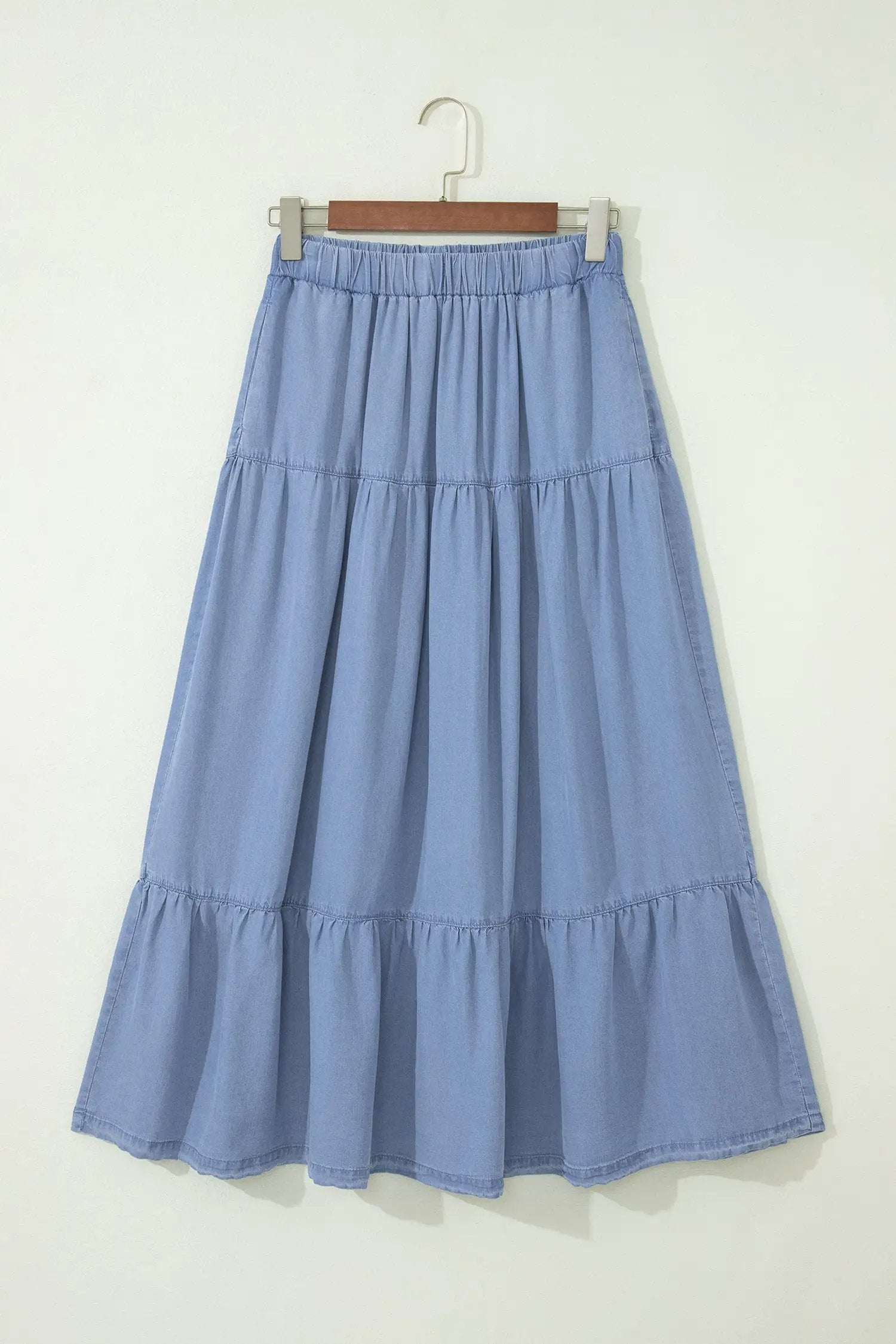 Dear-Lover Dropshipping Western Boho Glow | Denim Maxi Skirt With Elastic Waist, Tiered Ruffles And Flared Hem - Skirts Bottoms/Skirts & Petticoat