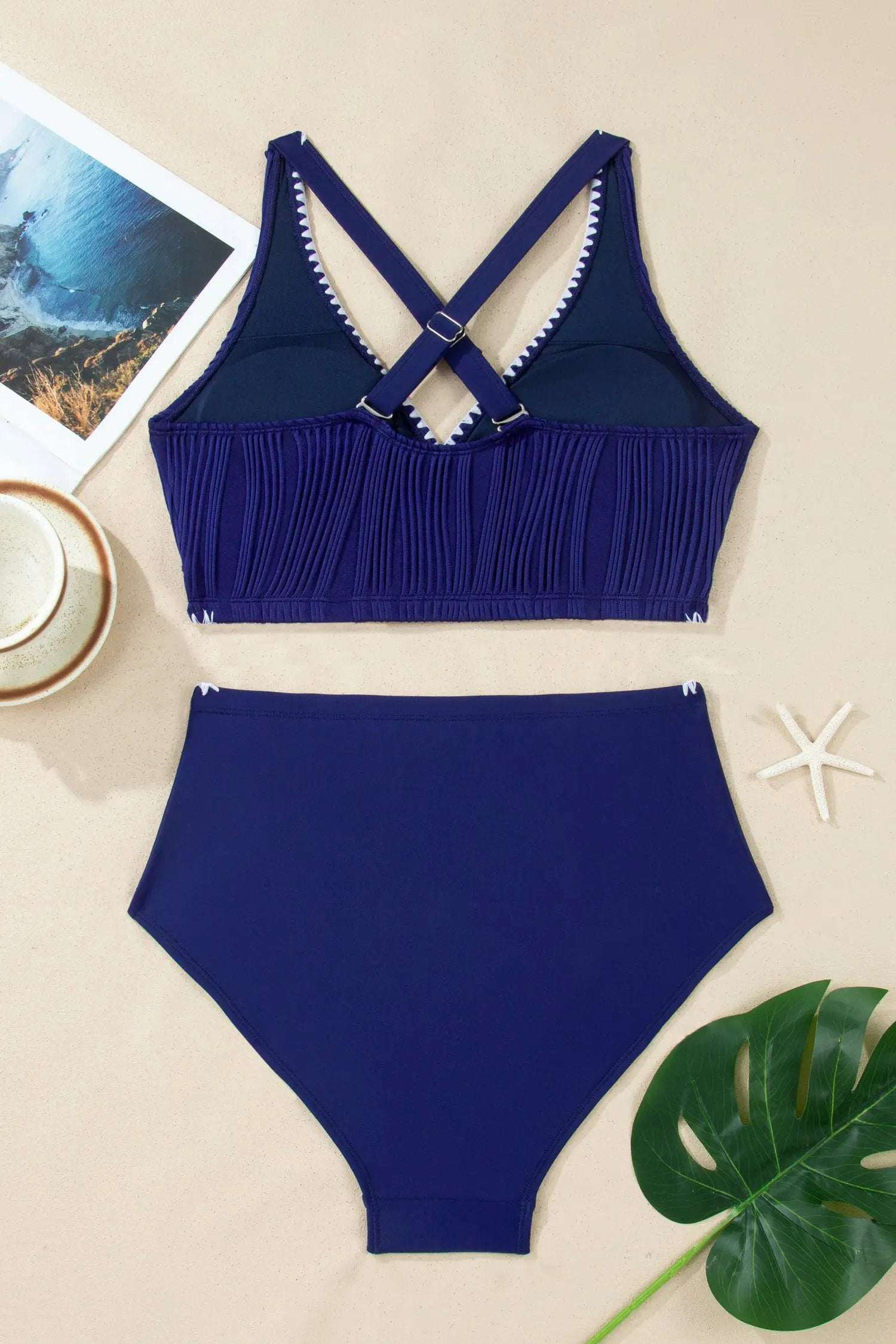 J&H Apparel Dark Blue Shell Stitched Trim V Neck Textured Mix and Match High Waist Bikinis - Classic Bikinis Swimwear/Bikinis