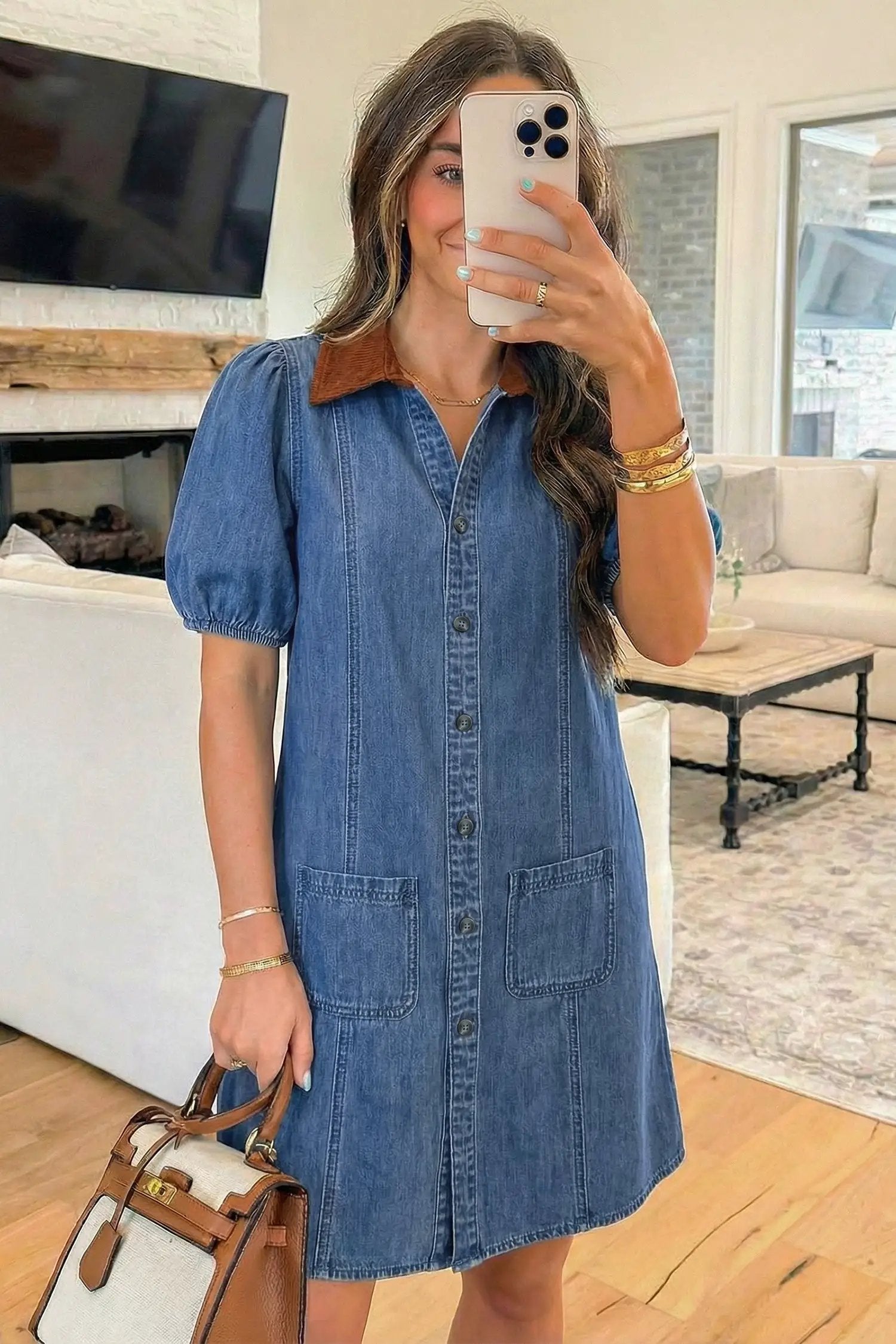 blue denim short puff sleeve Colorblock shirt collar patchwork mini dress for women casual everyday outfit