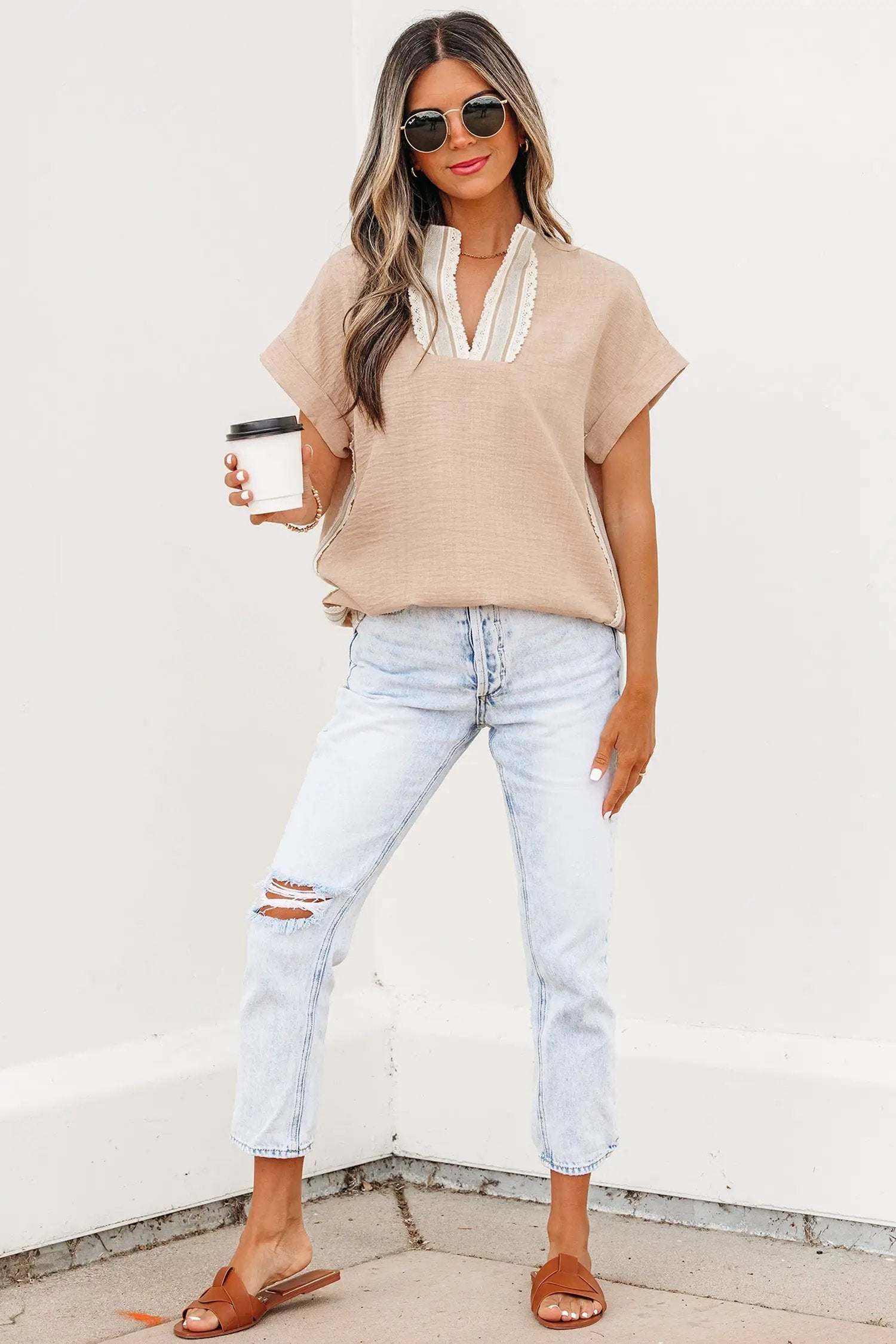 J&H Apparel Crochet Lace Accent Pullover Rolled Short Sleeve Blouse - Blouses Tops/Blouses & Shirts