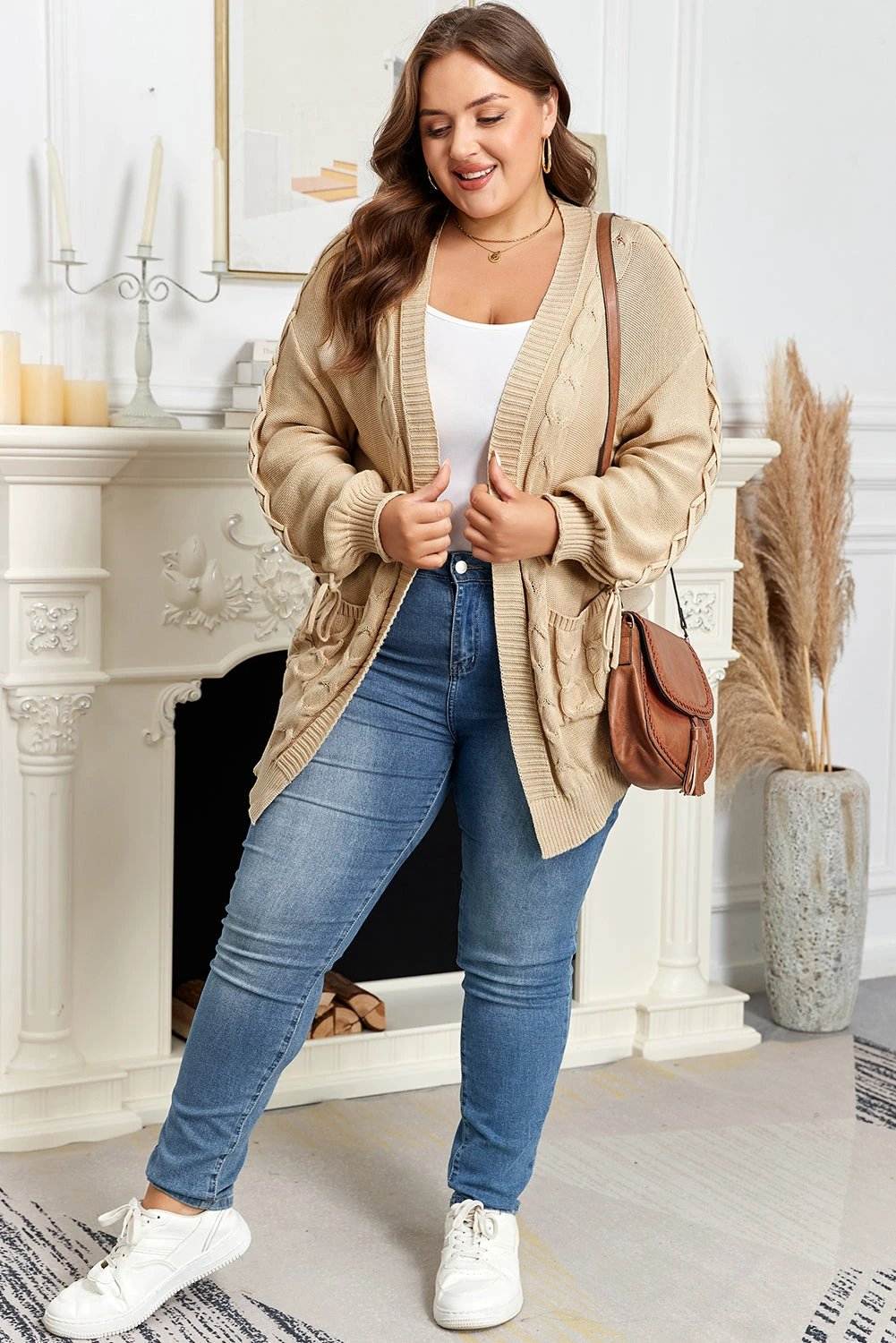 Plus size cable knit braided tie sleeve open cardigan in khaki with relaxed fit