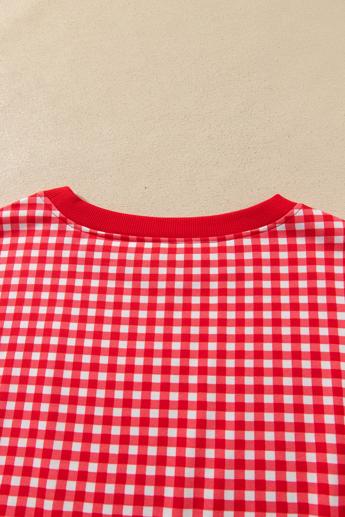 Red Gingham Oversized Ribbed Trim Crew Neck Long Sleeve Top and Skort Set