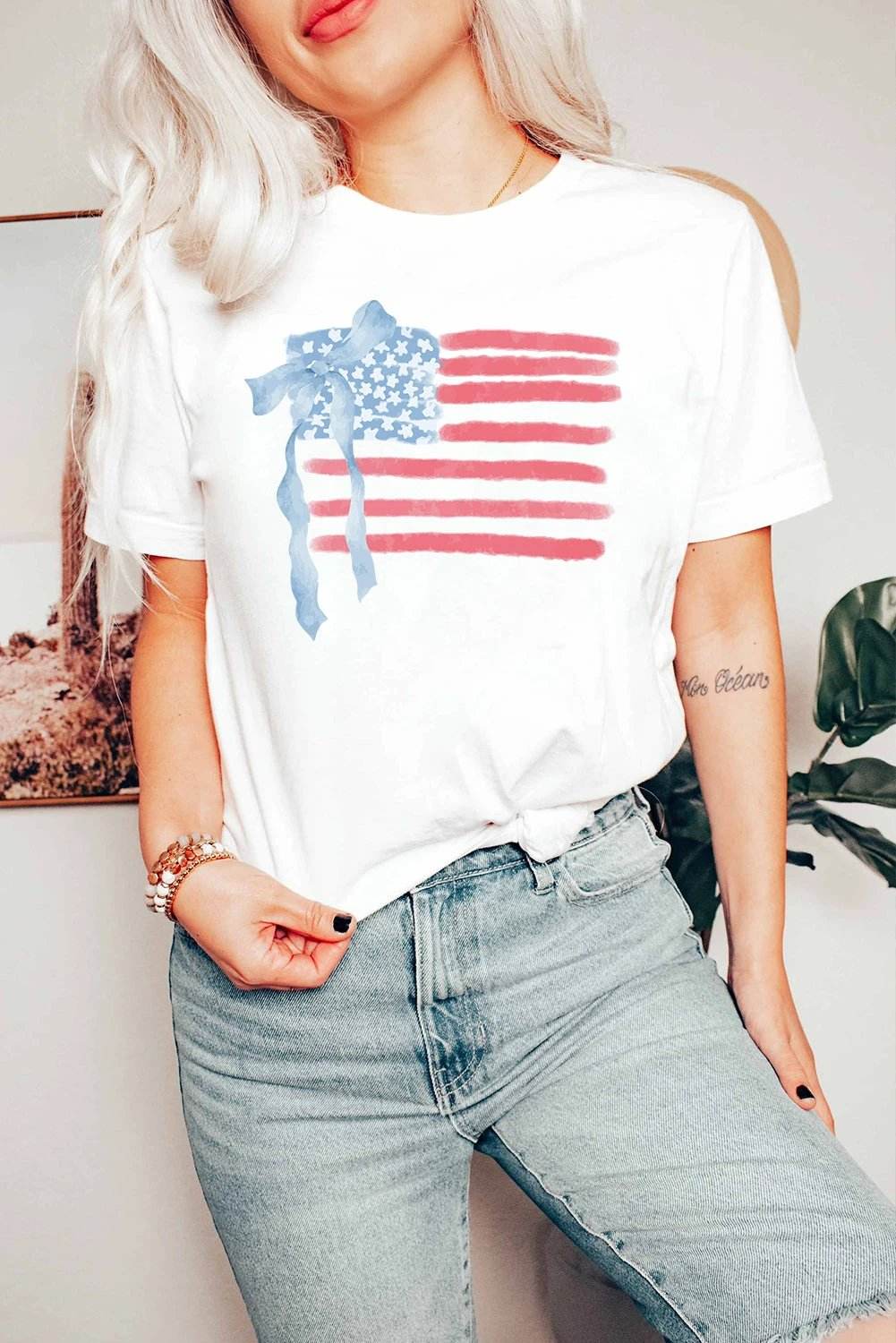 white american flag bow knot print crew neck t shirt for women casual everyday outfit