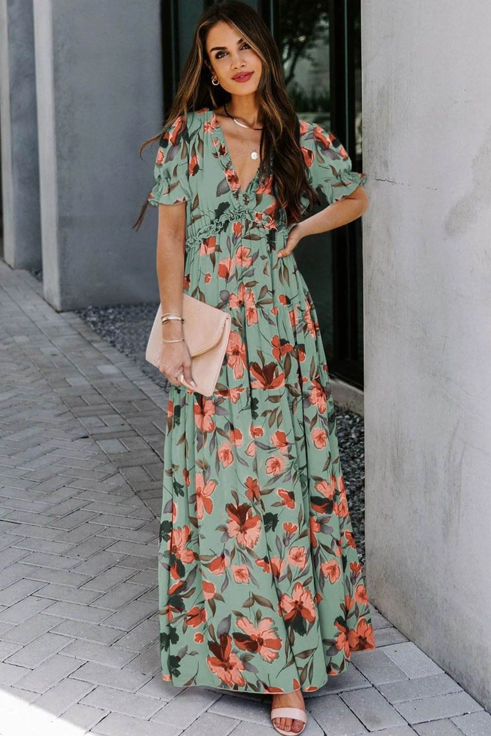 sky blue fiery floral print frilled v neck short sleeve maxi dress for women casual everyday outfit