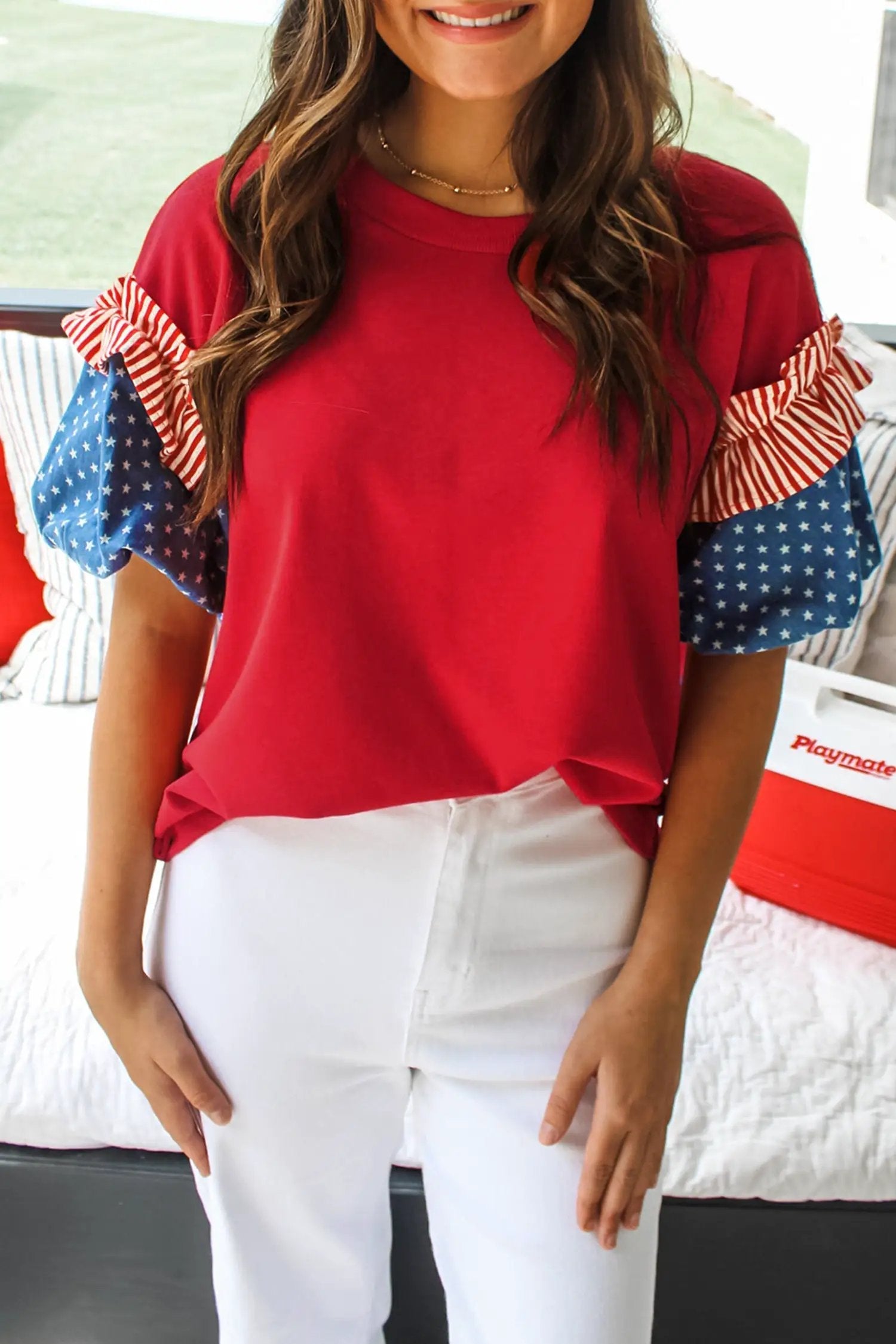 Fiery red stars stripes puff sleeve American flag print top with sky-blue bodice