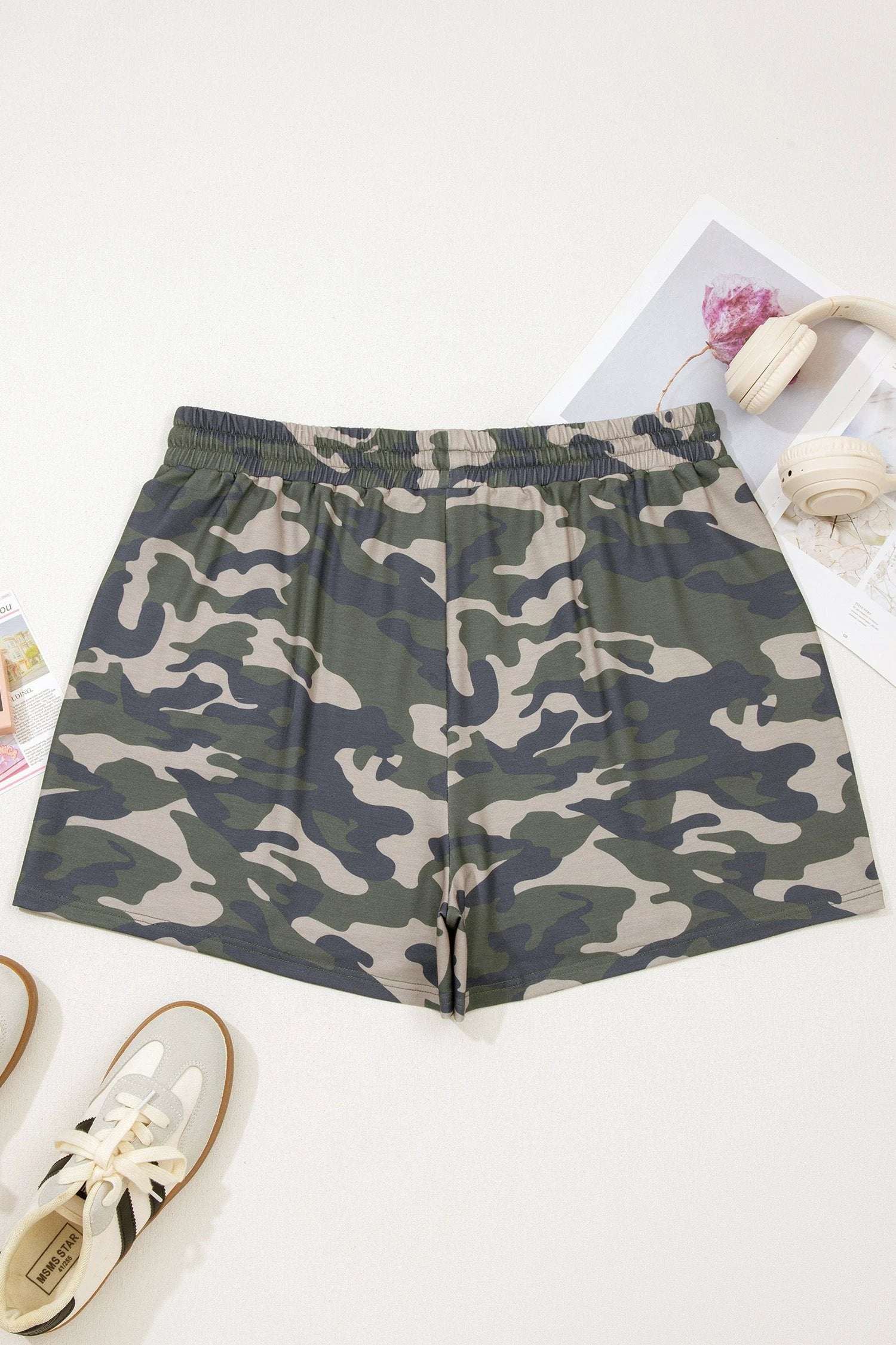 green tie elastic waist pocketed plus size camo shorts for women casual everyday outfit