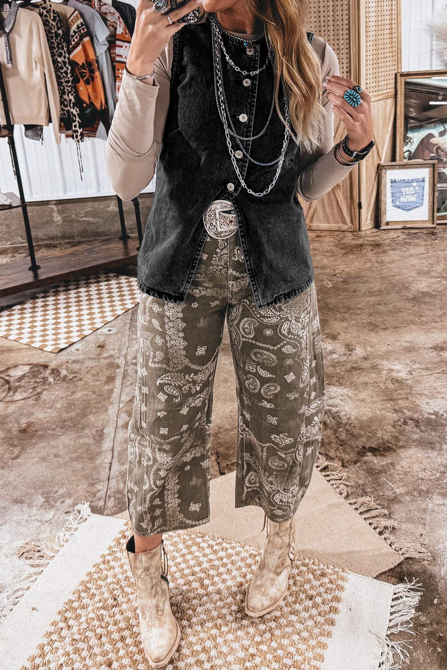 Denim Vest Tee black button front western layering top with front slit