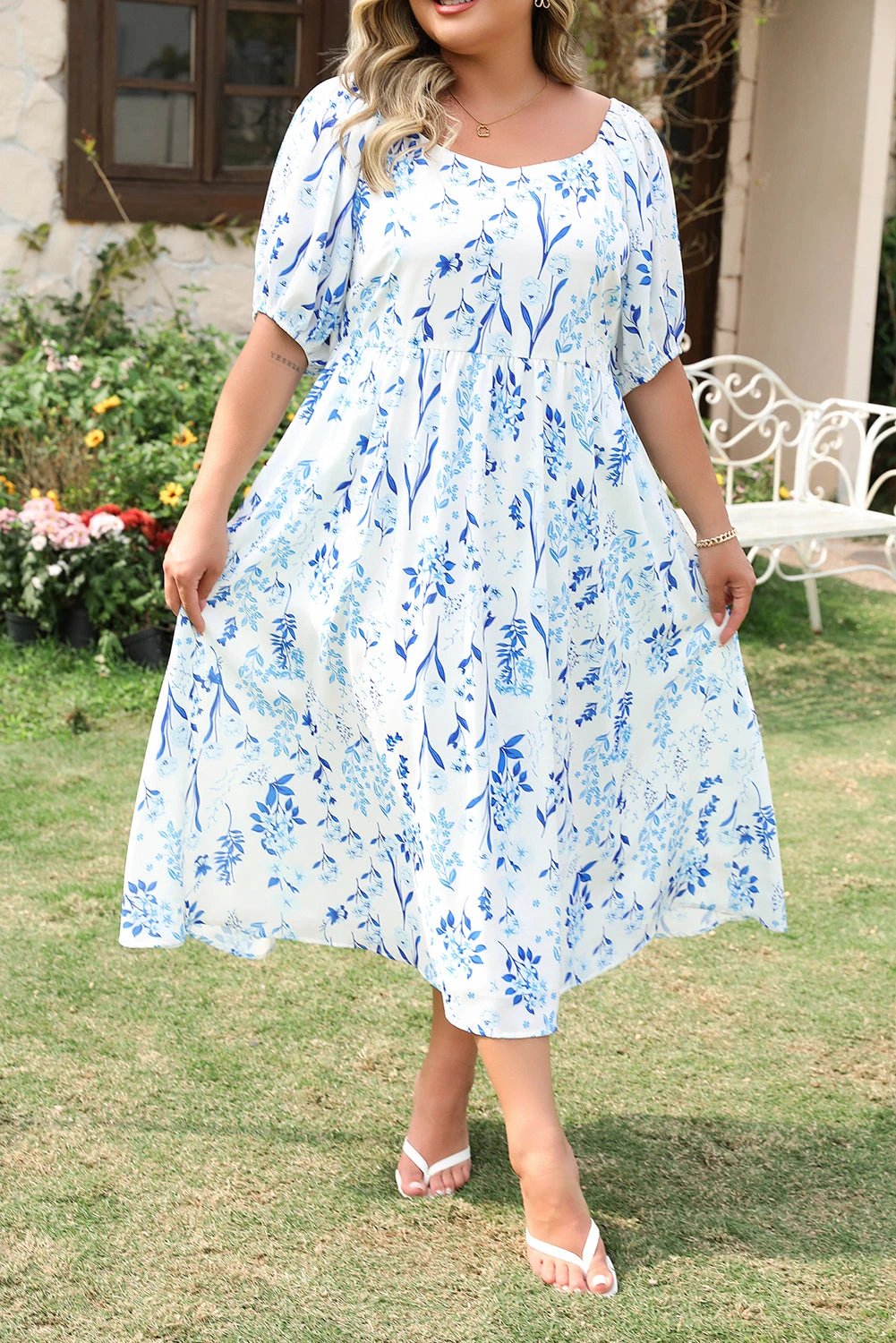 sky blue floral print sweetheart neck plus size midi dress for women casual everyday outfit