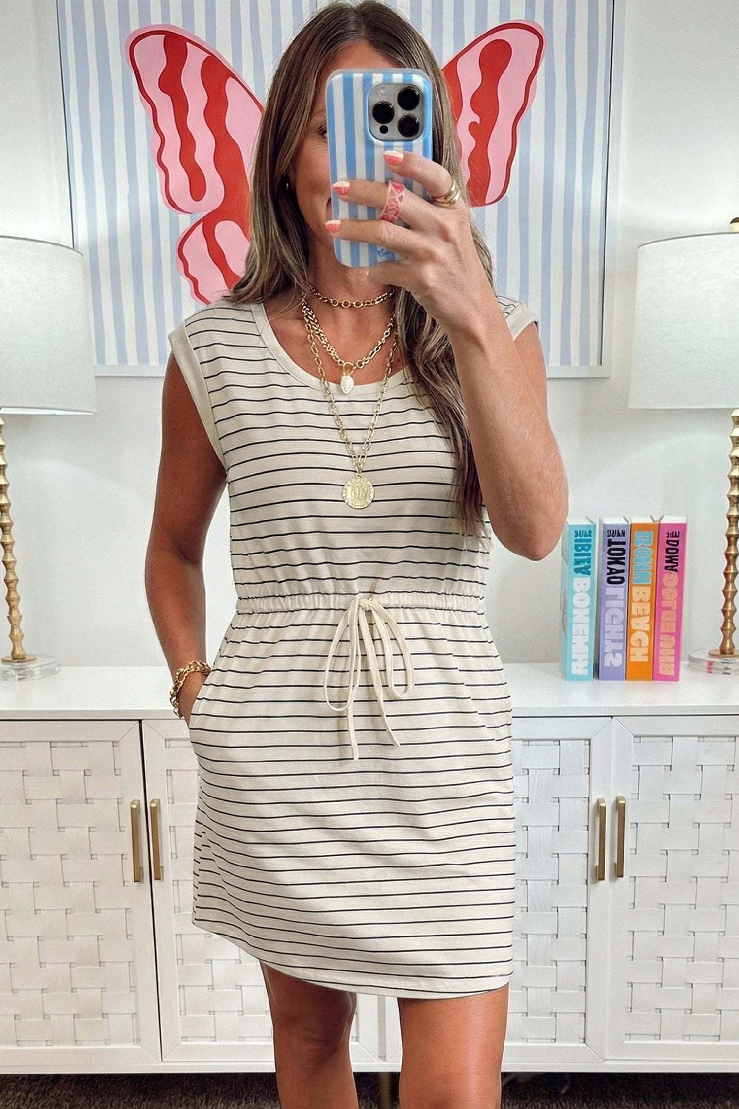 beige stripe drawstring tunic tank mini dress with pockets for women casual everyday outfit